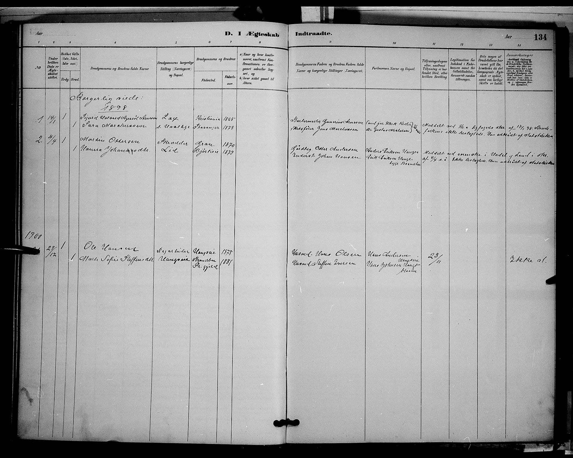 Søndre Land prestekontor, SAH/PREST-122/L/L0002: Klokkerbok nr. 2, 1884-1900, s. 134