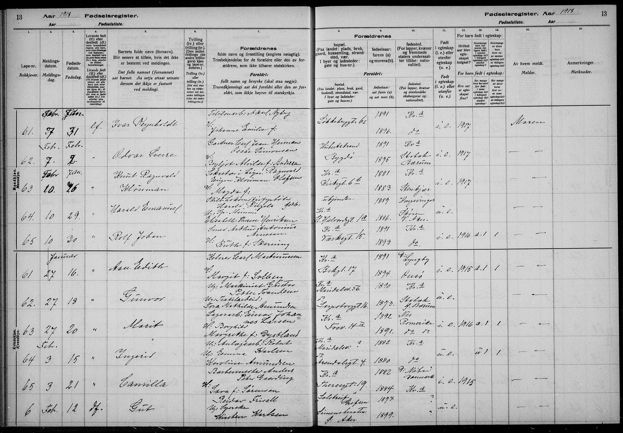 Rikshospitalet prestekontor Kirkebøker, AV/SAO-A-10309b/J/L0003: Fødselsregister nr. 3, 1918-1918, s. 13