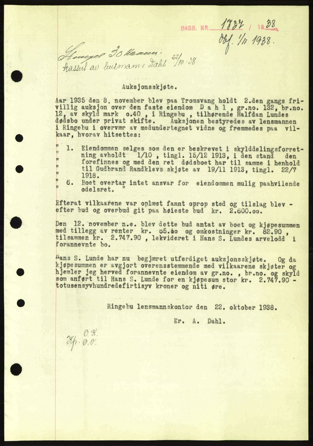 Sør-Gudbrandsdal tingrett, SAH/TING-004/H/Hb/Hbd/L0005: Pantebok nr. A5, 1938-1939, Dagboknr: 1737/1938