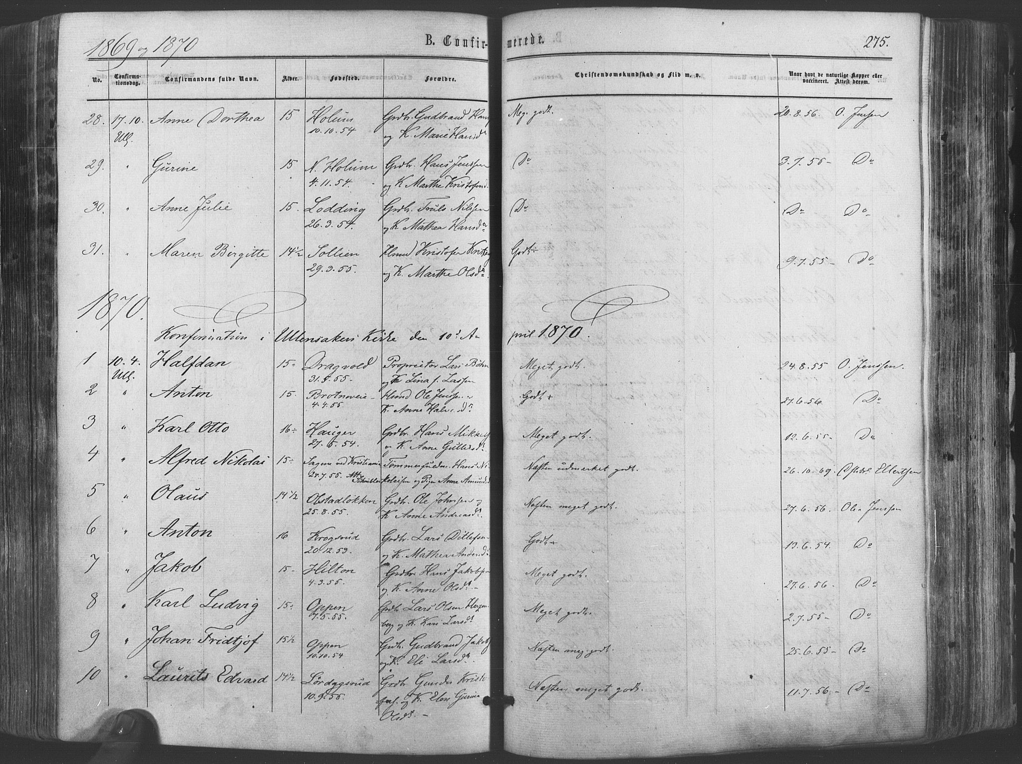 Ullensaker prestekontor Kirkebøker, SAO/A-10236a/F/Fa/L0016: Ministerialbok nr. I 16, 1863-1875, s. 275