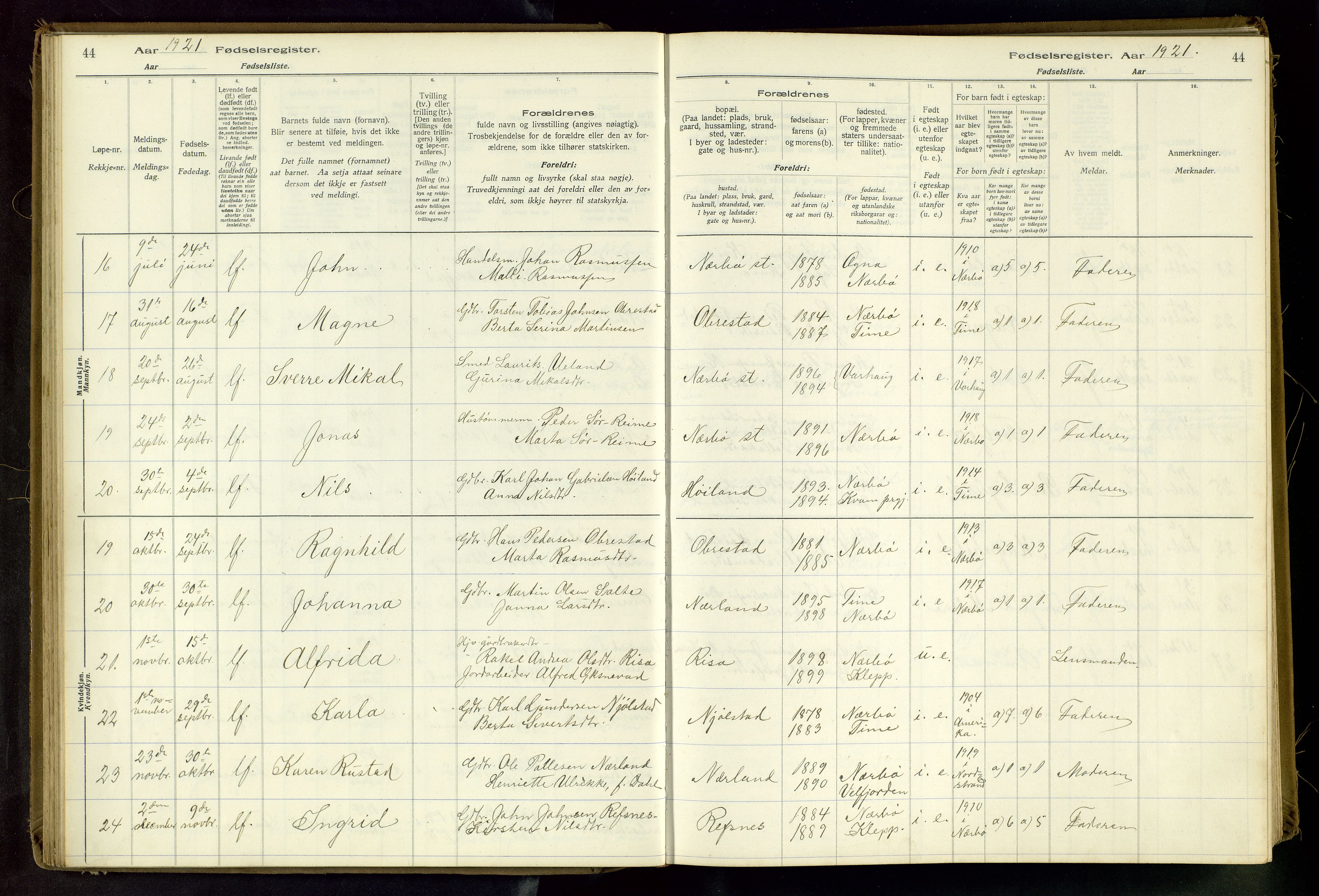 Hå sokneprestkontor, AV/SAST-A-101801/002/C/L0001: Fødselsregister nr. 1, 1916-1945, s. 44