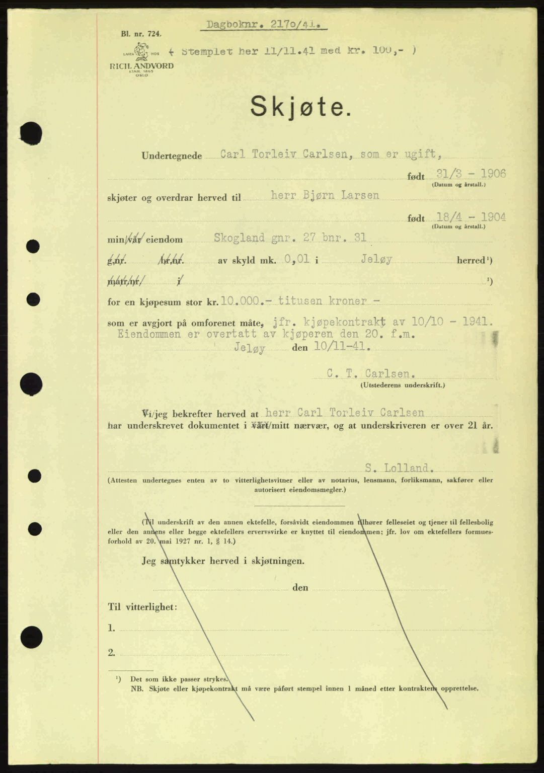 Moss sorenskriveri, SAO/A-10168: Pantebok nr. A9, 1941-1942, Dagboknr: 2160/1941