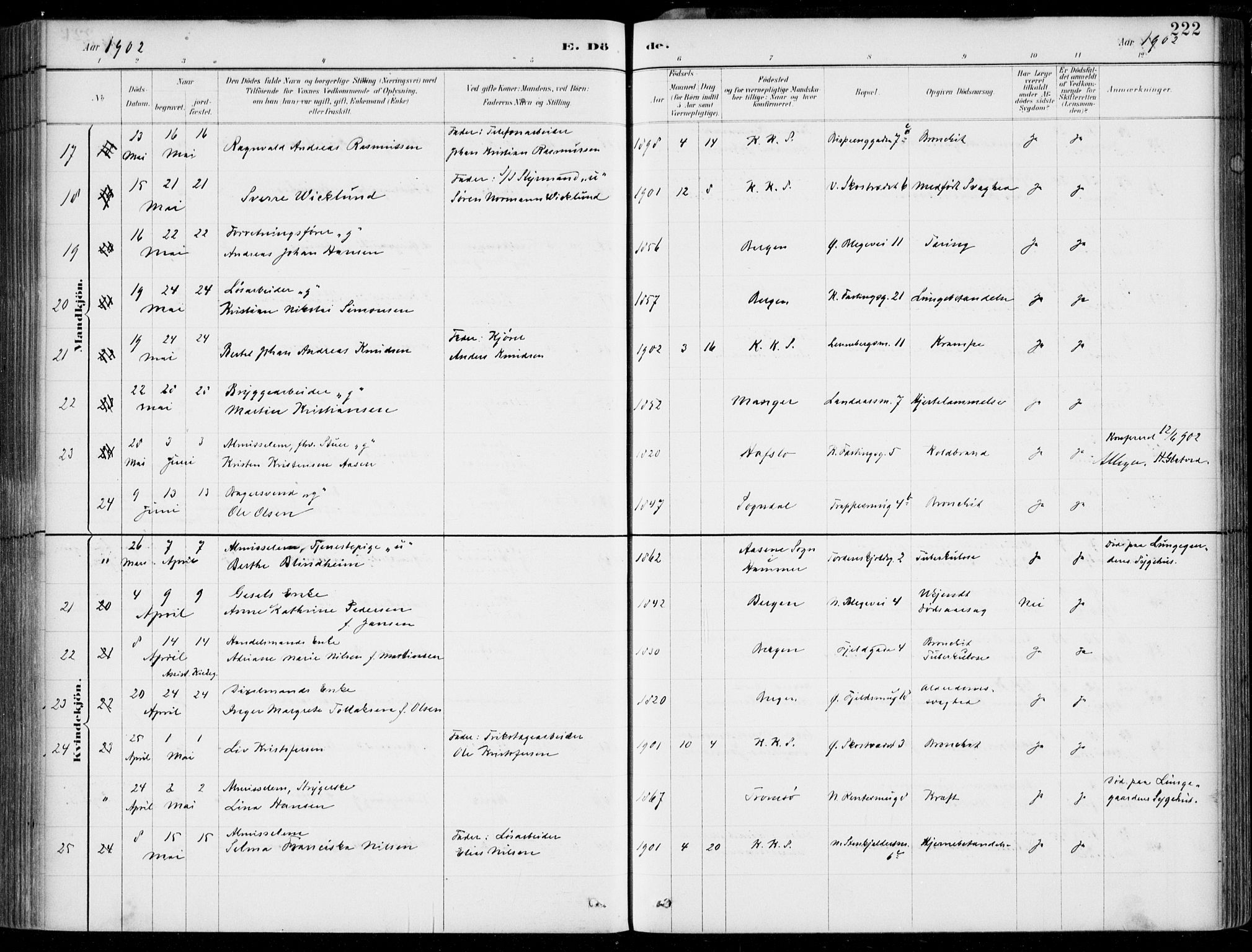 Korskirken sokneprestembete, AV/SAB-A-76101/H/Hab: Klokkerbok nr. E 4, 1884-1910, s. 222