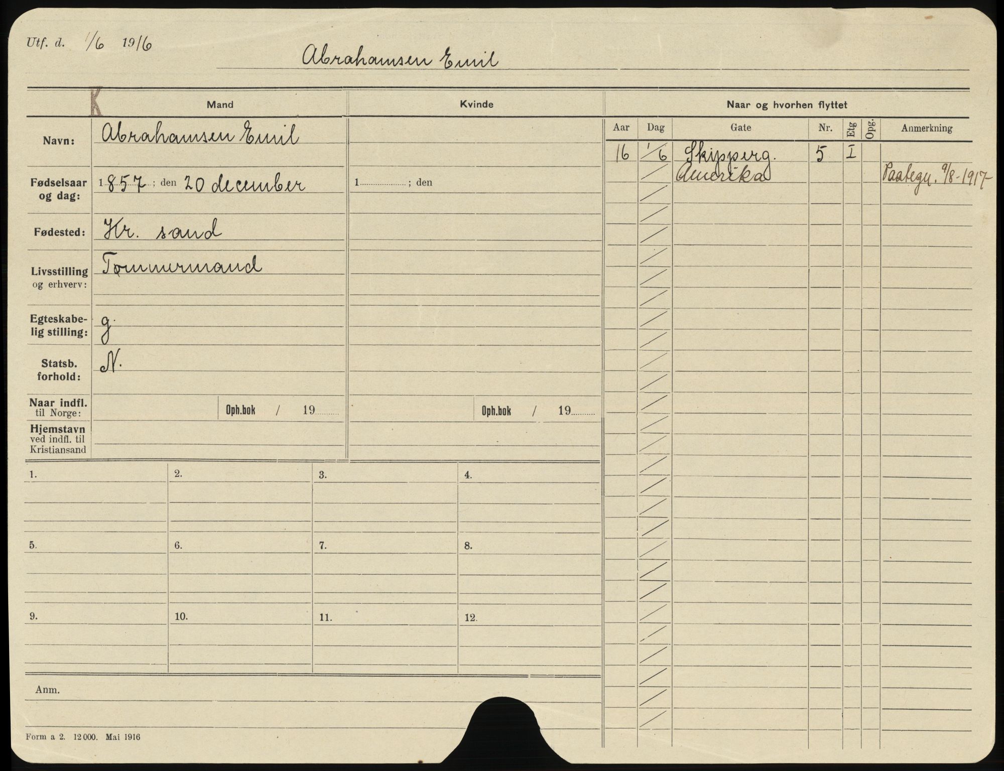 Kristiansand folkeregister, AV/SAK-1341-0030/H/L0001: Utflyttet, A-Å (1916), A-Å (1917), 1916-1917