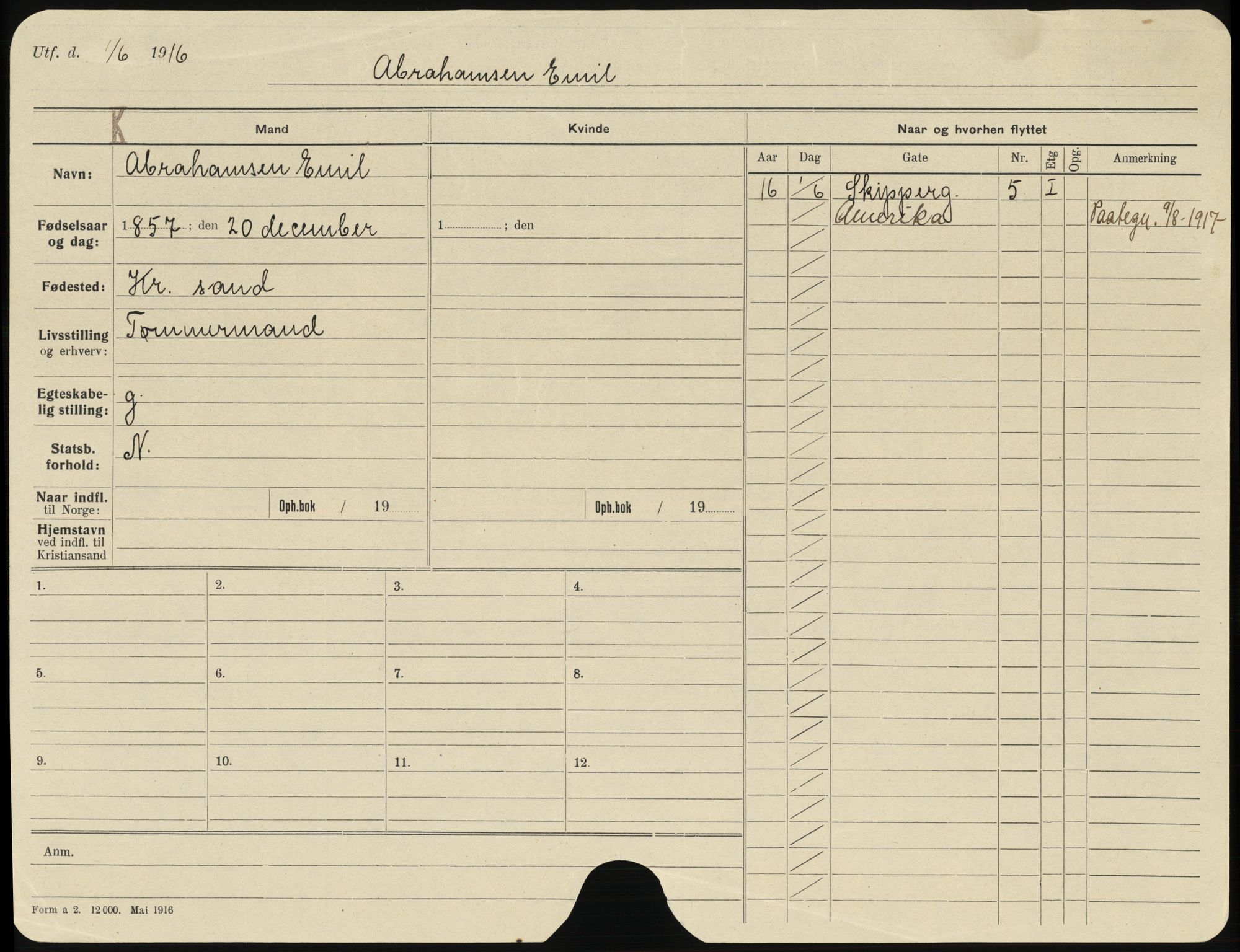 Kristiansand folkeregister, SAK/1341-0030/H/L0001: Utflyttet, A-Å (1916), A-Å (1917), 1916-1917