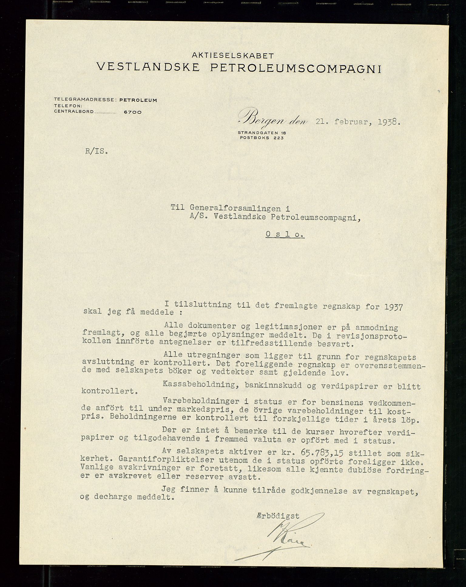 PA 1533 - A/S Vestlandske Petroleumscompani, AV/SAST-A-101953/A/Aa/L0001/0005: Generalforsamlinger og styreprotokoller / Ordinær generalforsamling i Vestlandske Petroleums co. 20.03.1934. Ordinære generalforsamlinger i Vestlandske Petroleums co., Norsk Amerikansk Mineralolje co. (Namco), Norsk Amerikansk Petroleums co. (Napco) 1938, 1934-1938, s. 54