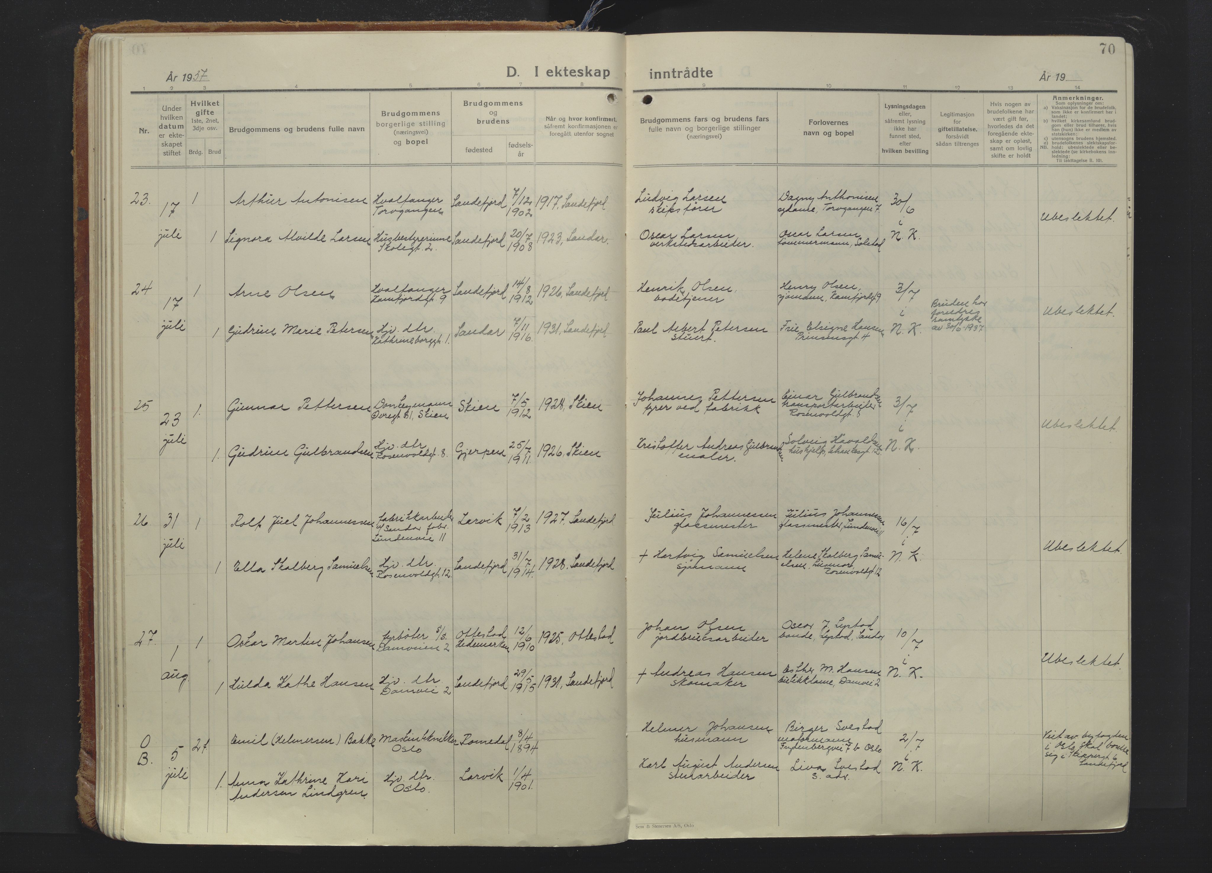 Sandefjord kirkebøker, AV/SAKO-A-315/F/Fa/L0009: Ministerialbok nr. 9, 1926-1945, s. 70