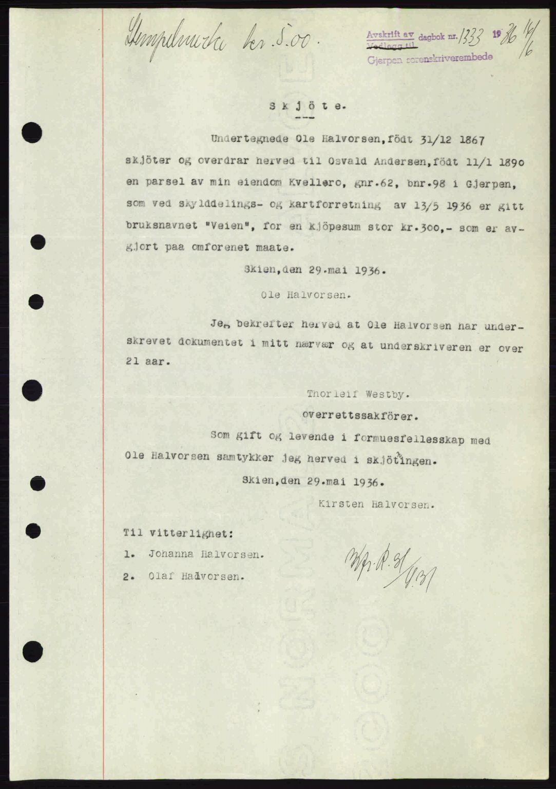 Gjerpen sorenskriveri, SAKO/A-216/G/Ga/Gae/L0067: Pantebok nr. A-66 - A-68, 1936-1937, Dagboknr: 1333/1936