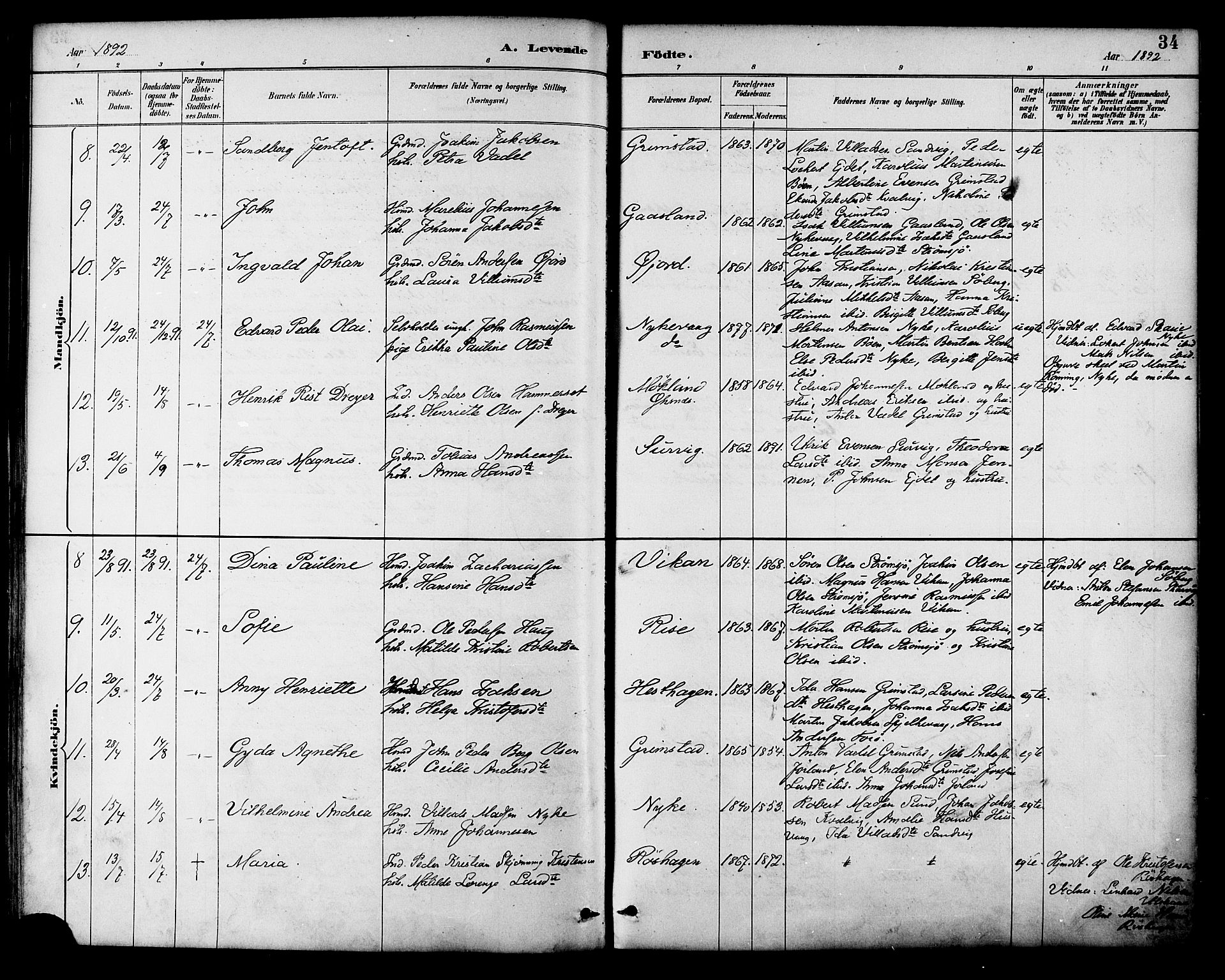 Ministerialprotokoller, klokkerbøker og fødselsregistre - Nordland, SAT/A-1459/892/L1320: Ministerialbok nr. 892A01, 1886-1901, s. 34