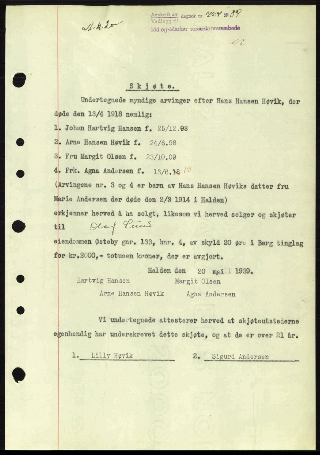 Idd og Marker sorenskriveri, AV/SAO-A-10283/G/Gb/Gbb/L0003: Pantebok nr. A3, 1938-1939, Dagboknr: 774/1939