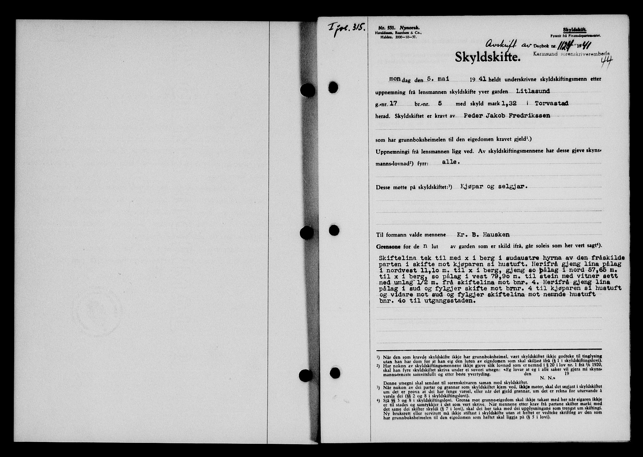 Karmsund sorenskriveri, SAST/A-100311/01/II/IIB/L0075: Pantebok nr. 56A, 1941-1941, Dagboknr: 1124/1941