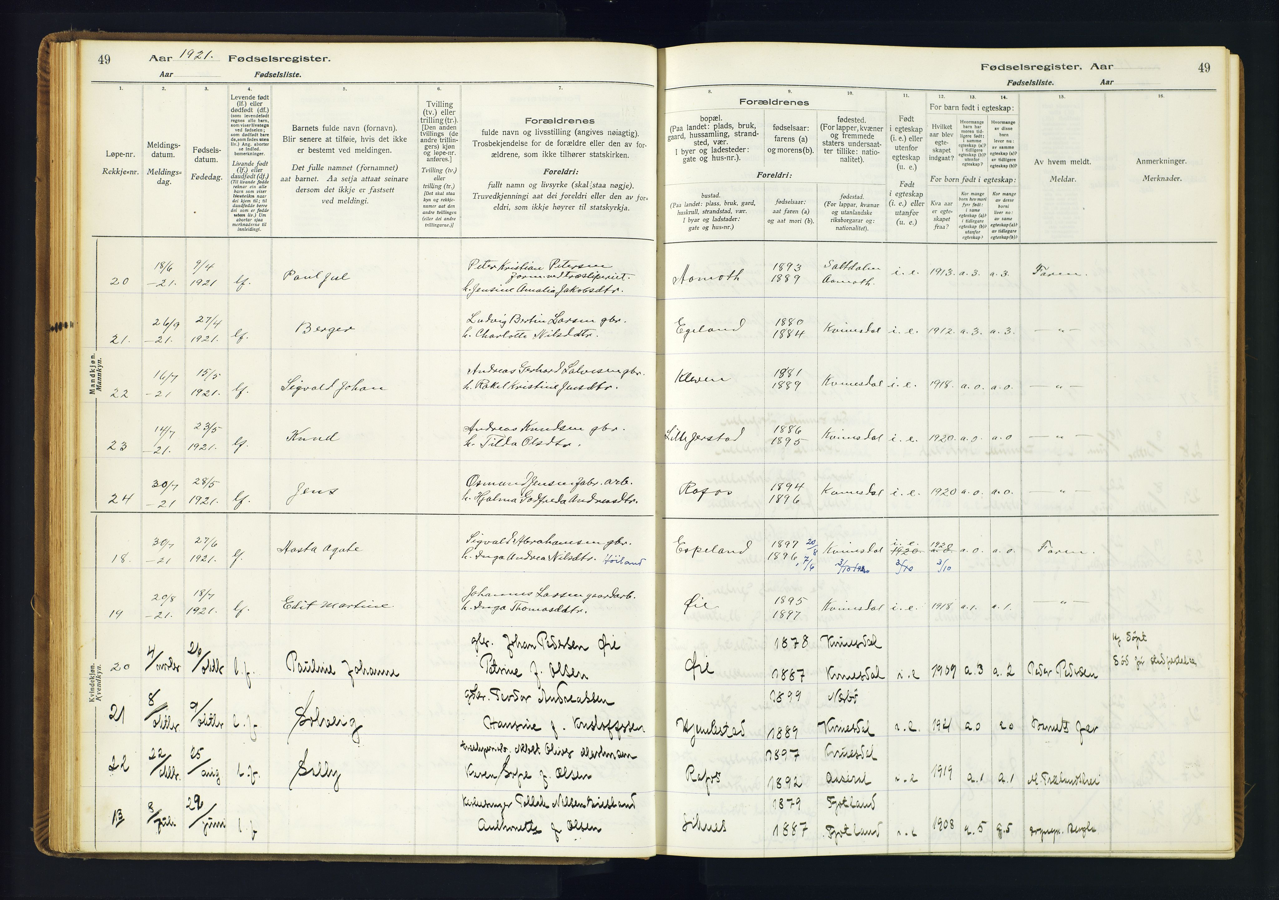 Kvinesdal sokneprestkontor, AV/SAK-1111-0026/J/Ja/L0001: Fødselsregister nr. 1, 1916-1941, s. 49