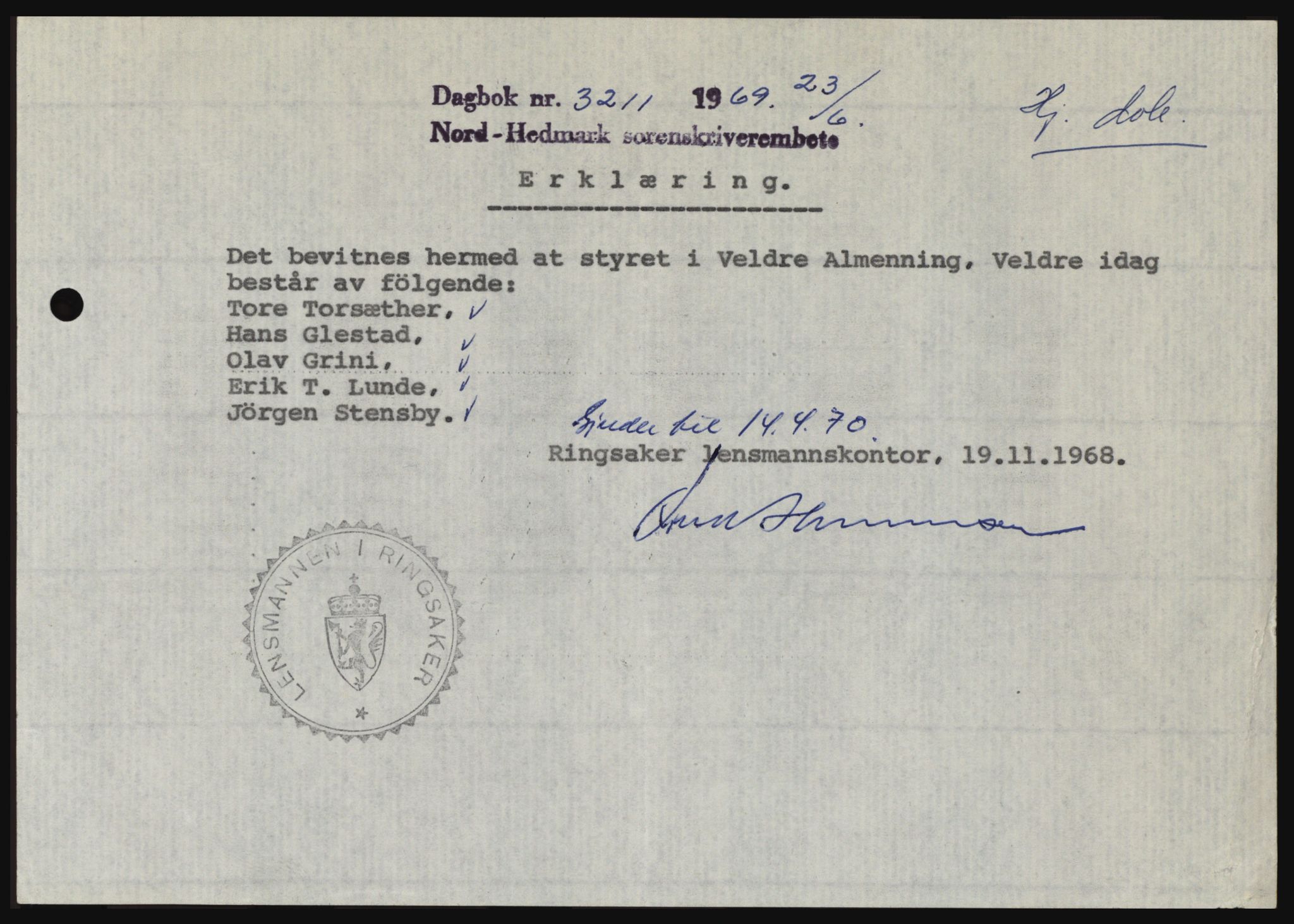 Nord-Hedmark sorenskriveri, SAH/TING-012/H/Hc/L0030: Pantebok nr. 30, 1969-1969, Dagboknr: 3211/1969