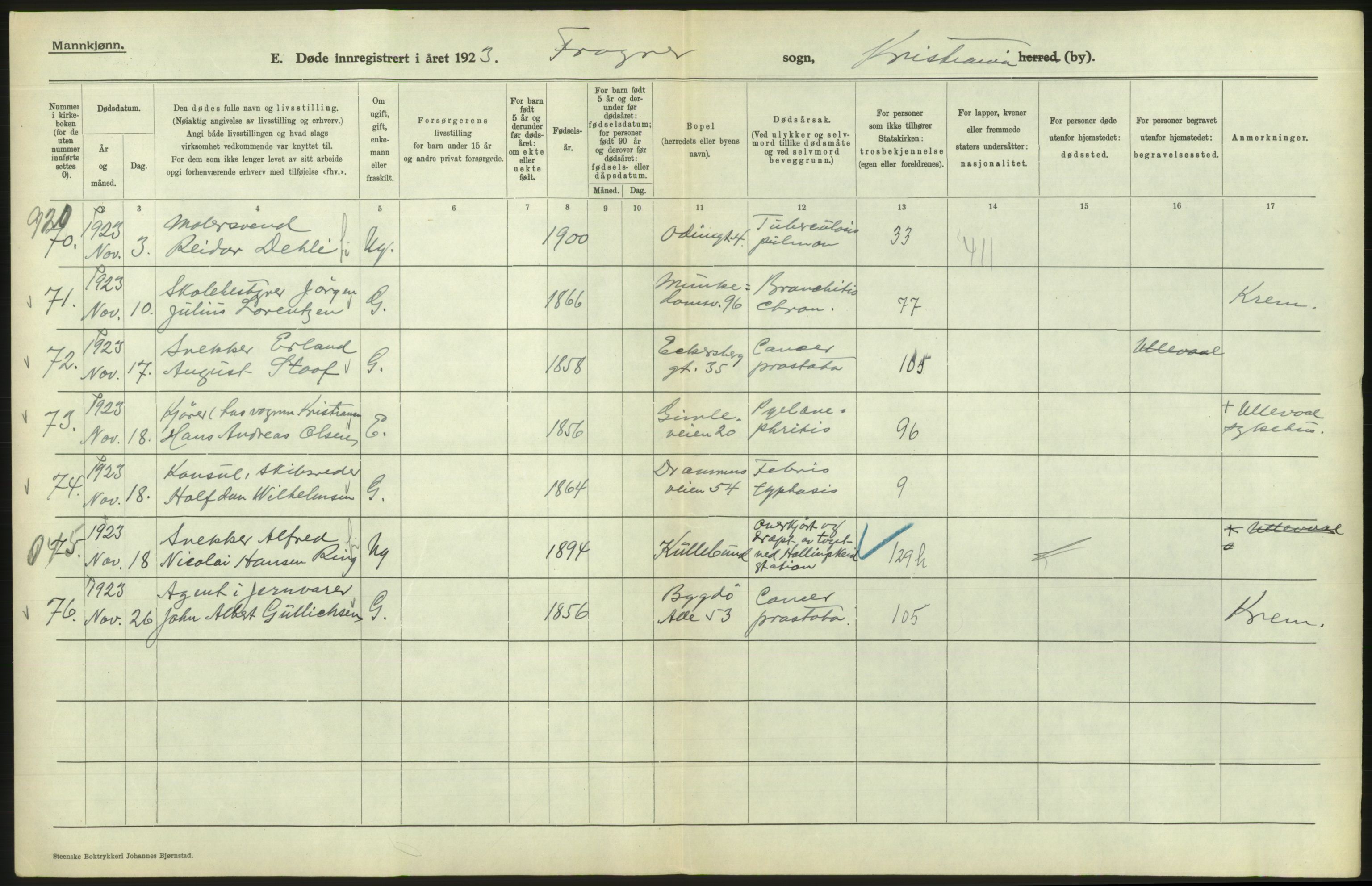 Statistisk sentralbyrå, Sosiodemografiske emner, Befolkning, RA/S-2228/D/Df/Dfc/Dfcc/L0009: Kristiania: Døde, 1923, s. 346