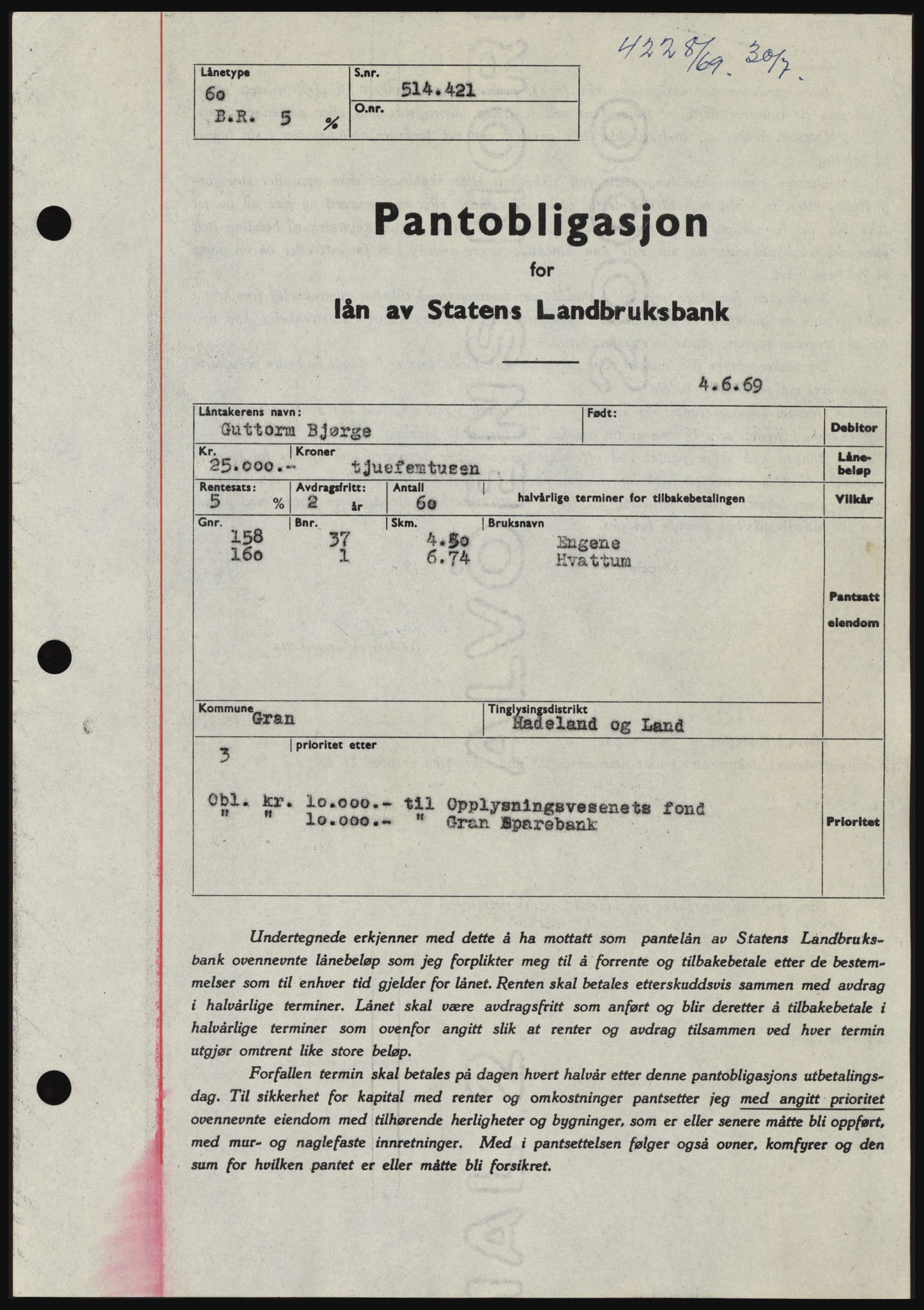 Hadeland og Land tingrett, SAH/TING-010/H/Hb/Hbc/L0074: Pantebok nr. B74, 1969-1969, Dagboknr: 4228/1969