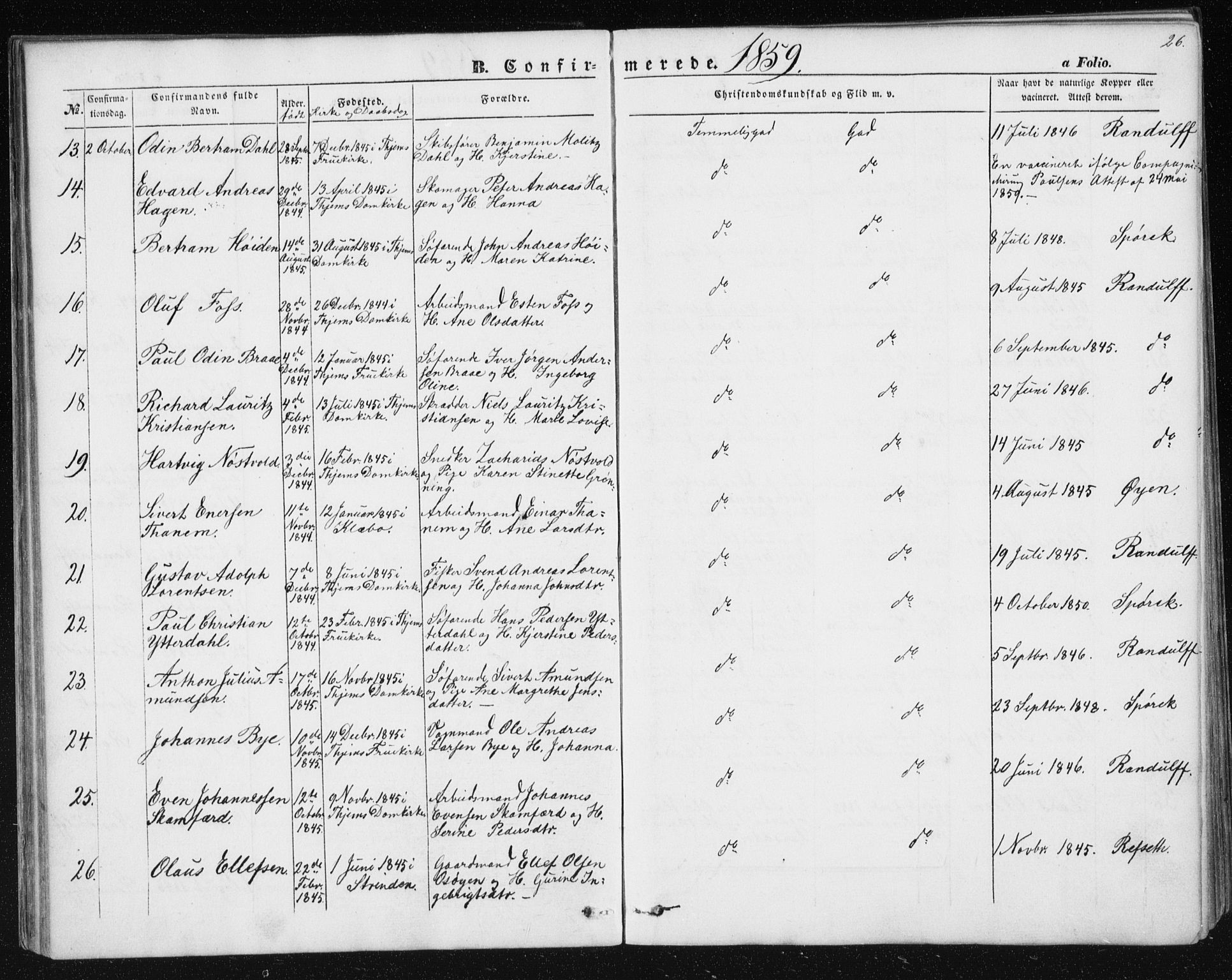 Ministerialprotokoller, klokkerbøker og fødselsregistre - Sør-Trøndelag, SAT/A-1456/602/L0114: Ministerialbok nr. 602A12, 1856-1872, s. 26