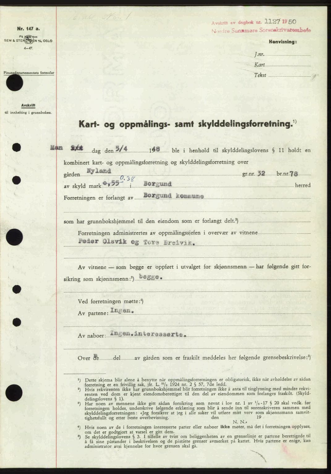 Nordre Sunnmøre sorenskriveri, SAT/A-0006/1/2/2C/2Ca: Pantebok nr. A34, 1950-1950, Dagboknr: 1127/1950
