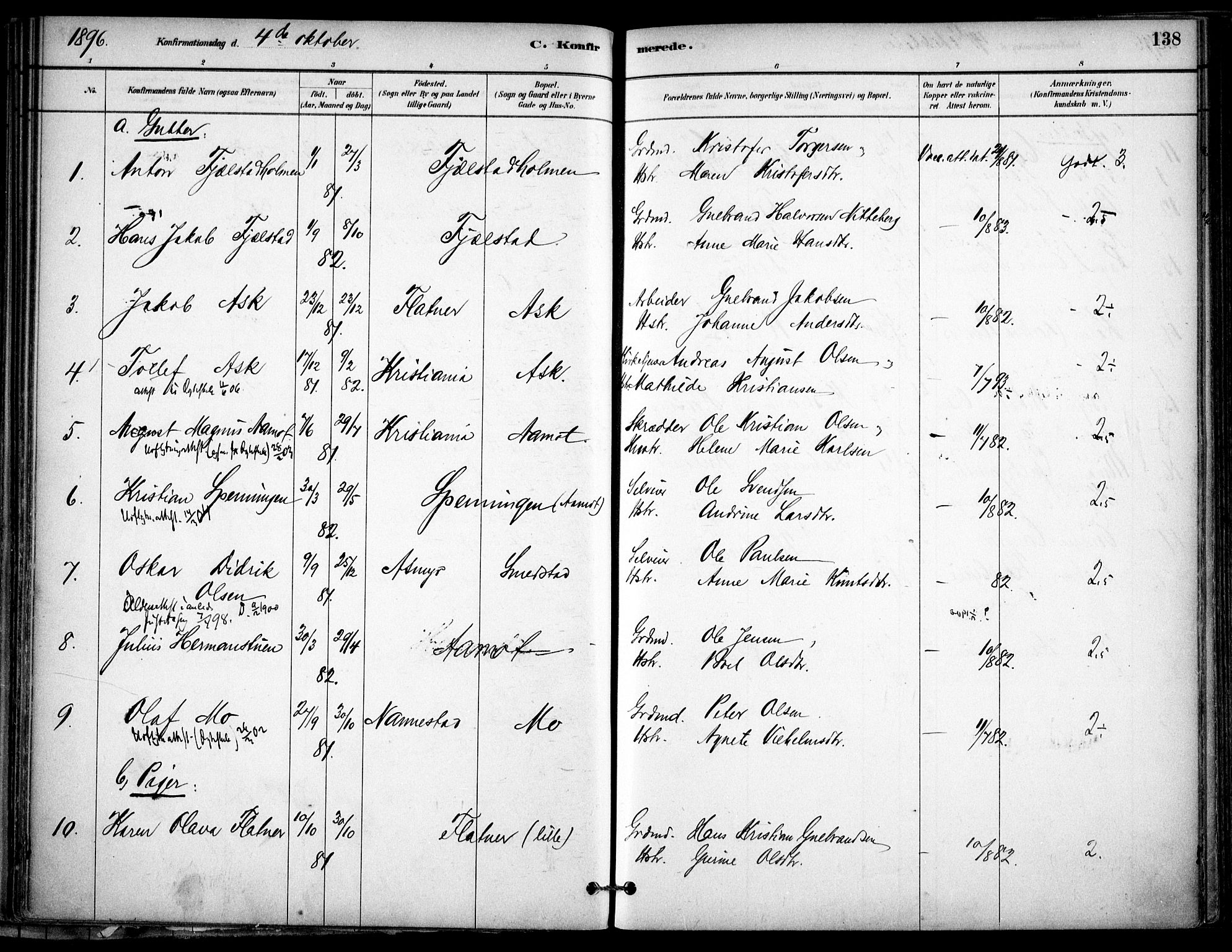 Gjerdrum prestekontor Kirkebøker, AV/SAO-A-10412b/F/Fb/L0001: Ministerialbok nr. II 1, 1881-1921, s. 138
