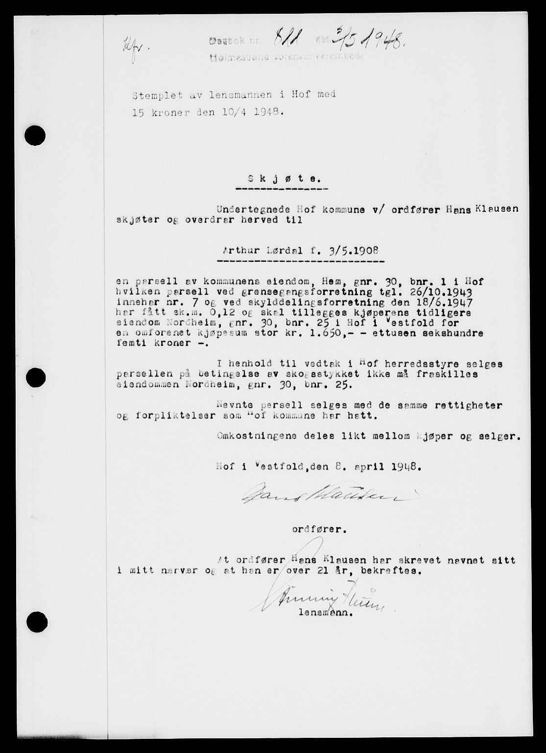 Holmestrand sorenskriveri, SAKO/A-67/G/Ga/Gaa/L0064: Pantebok nr. A-64, 1948-1948, Dagboknr: 811/1948