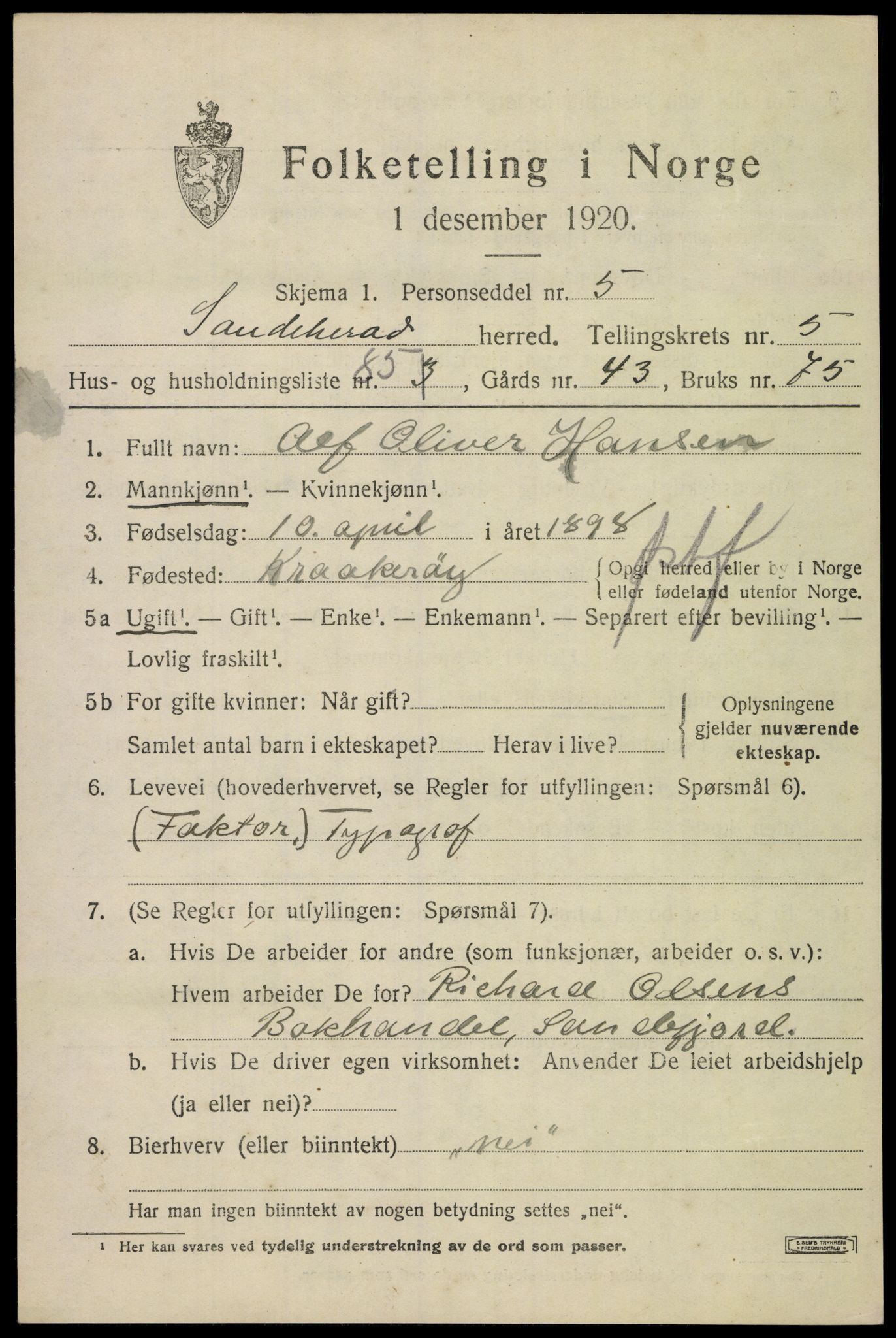 SAKO, Folketelling 1920 for 0724 Sandeherred herred, 1920, s. 9214