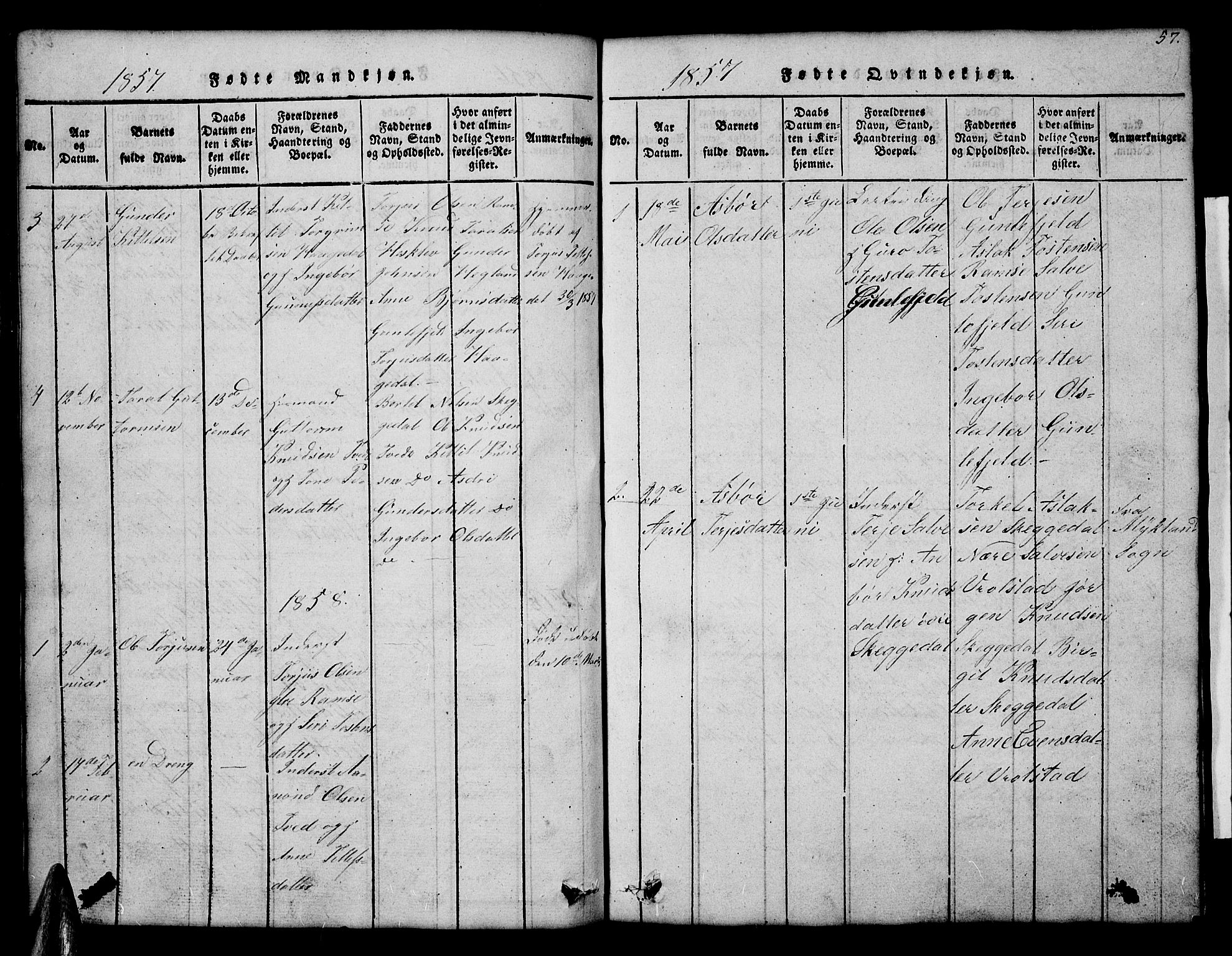 Åmli sokneprestkontor, SAK/1111-0050/F/Fb/Fbb/L0001: Klokkerbok nr. B 1, 1816-1889, s. 57