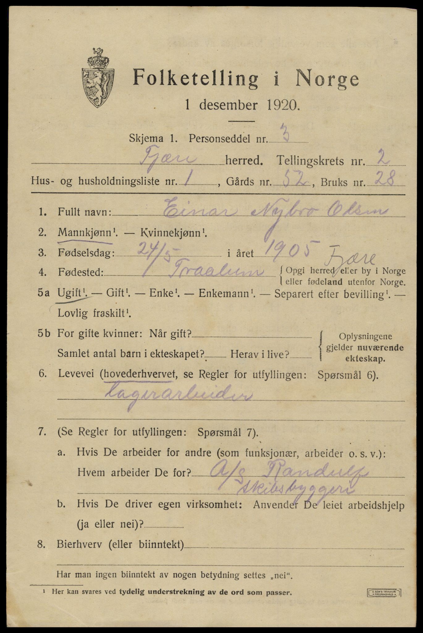 SAK, Folketelling 1920 for 0923 Fjære herred, 1920, s. 3259