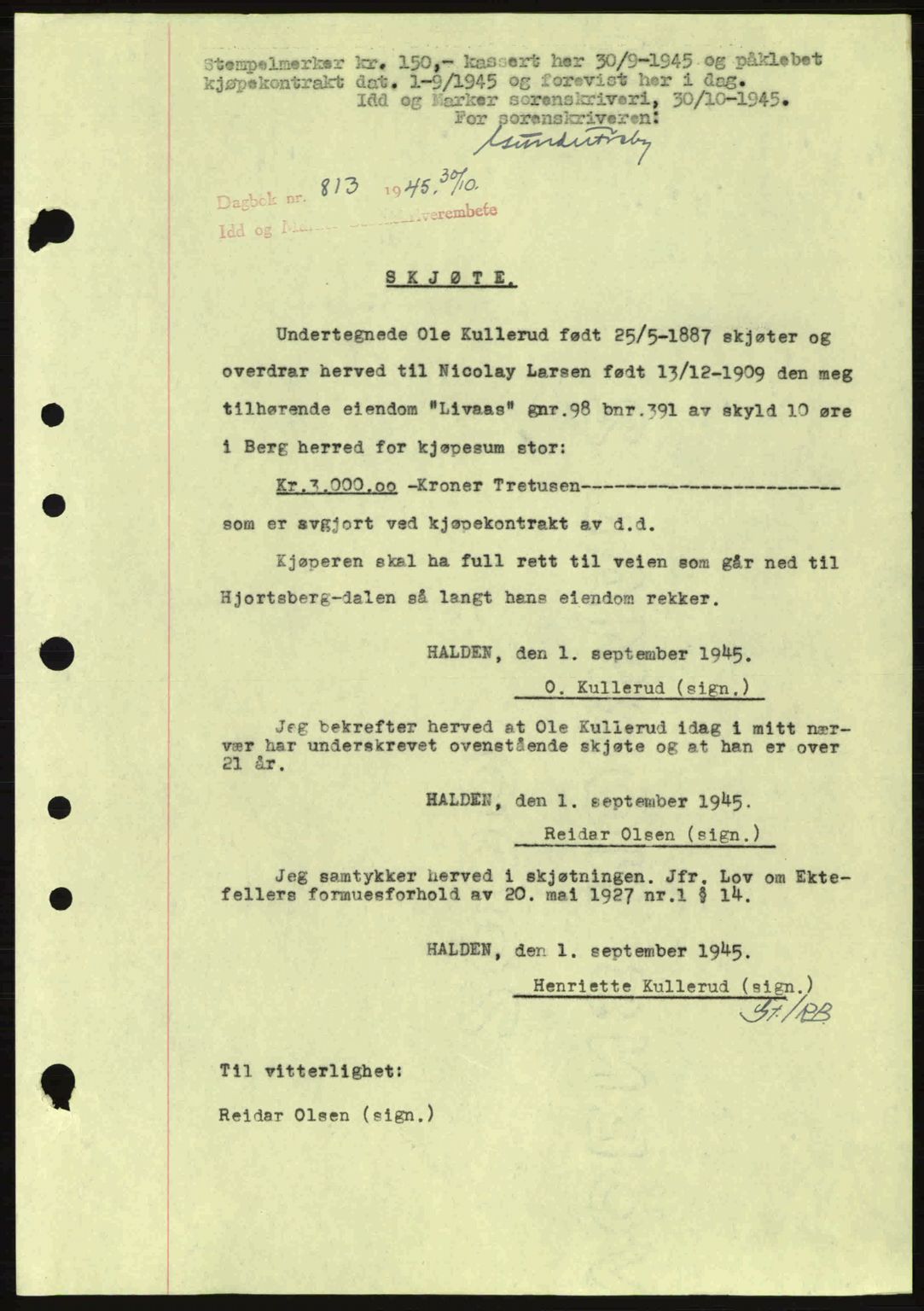 Idd og Marker sorenskriveri, AV/SAO-A-10283/G/Gb/Gbb/L0007: Pantebok nr. A7, 1944-1945, Dagboknr: 813/1945