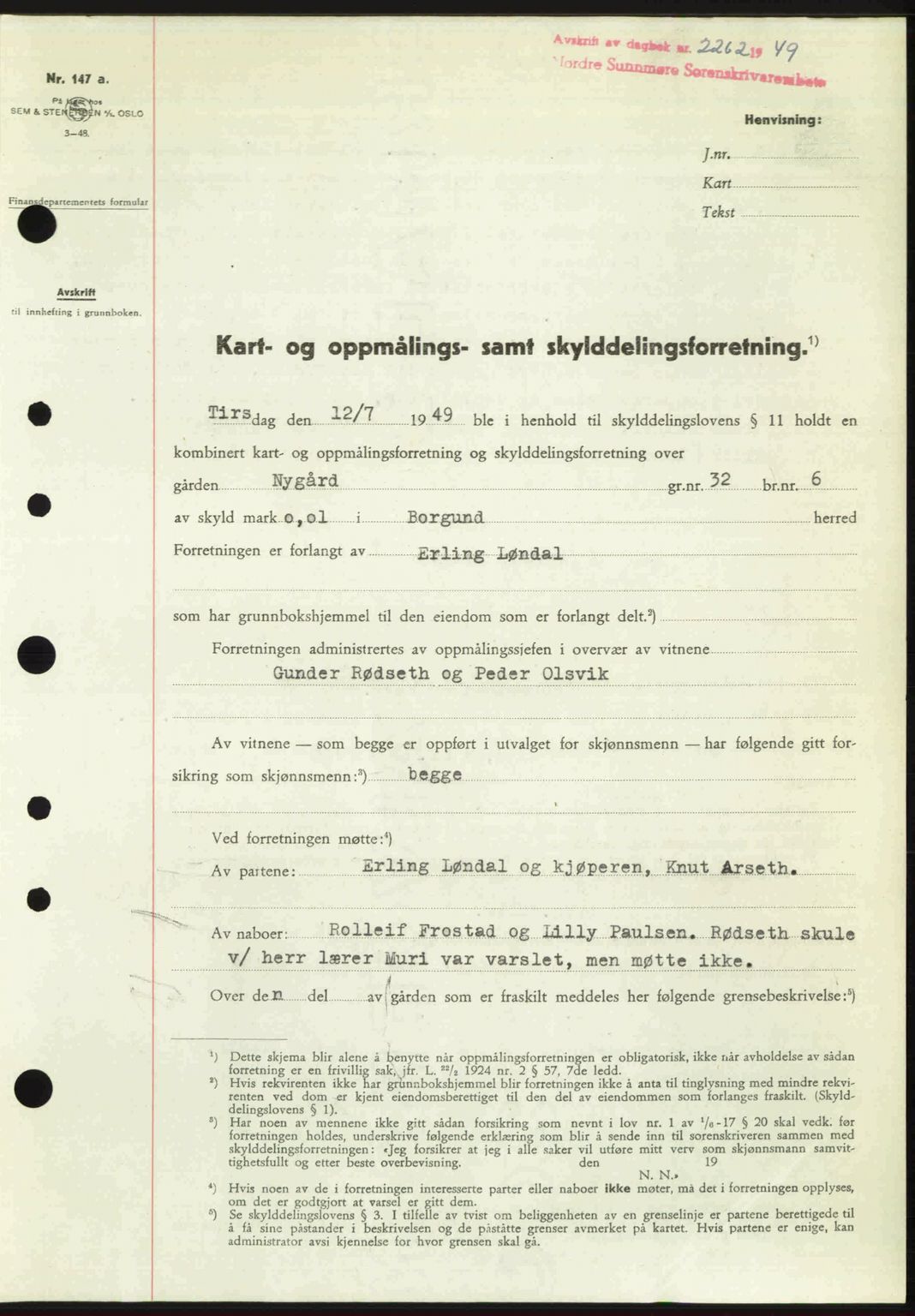 Nordre Sunnmøre sorenskriveri, SAT/A-0006/1/2/2C/2Ca: Pantebok nr. A32, 1949-1949, Dagboknr: 2262/1949