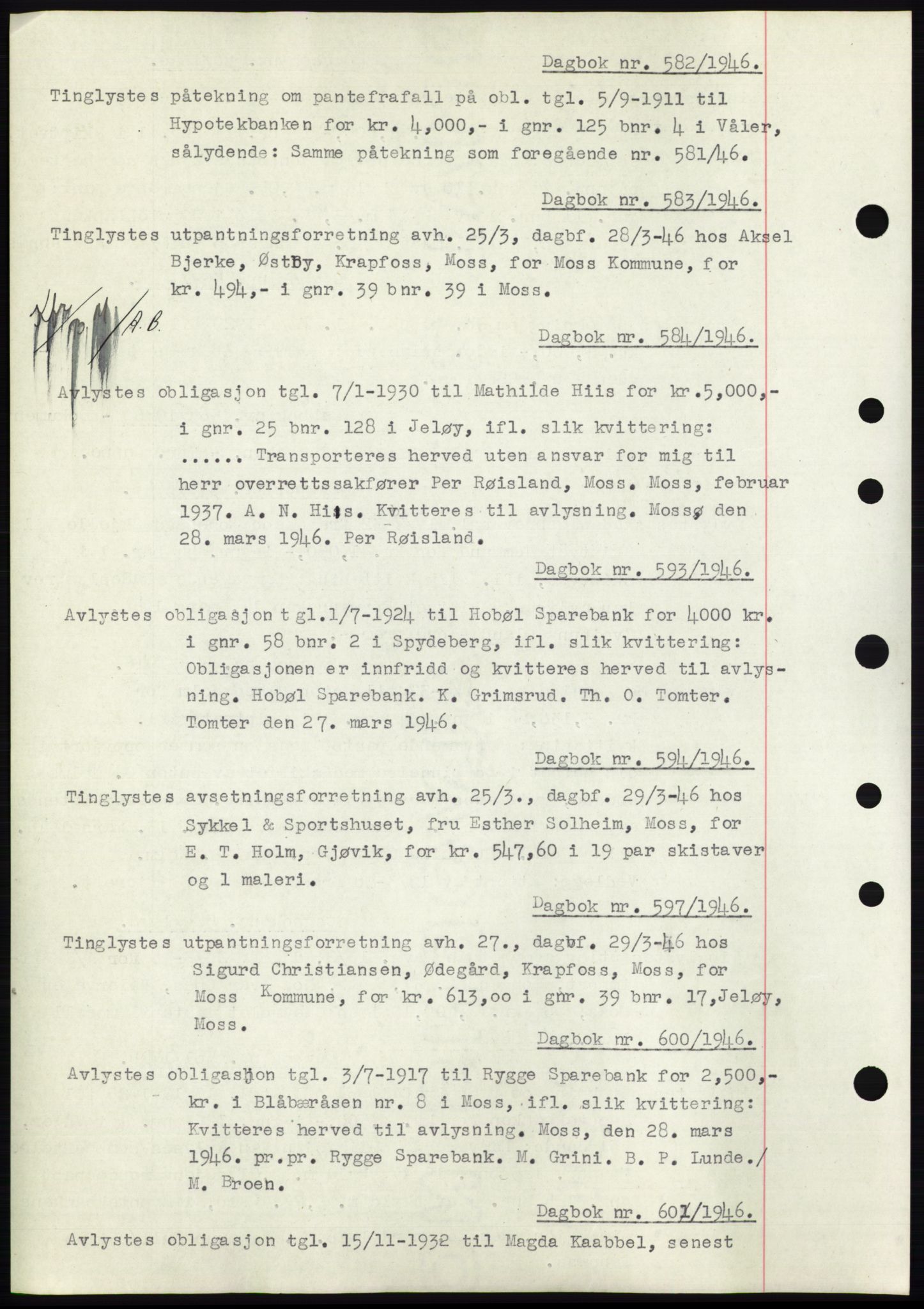 Moss sorenskriveri, SAO/A-10168: Pantebok nr. C10, 1938-1950, Dagboknr: 582/1946