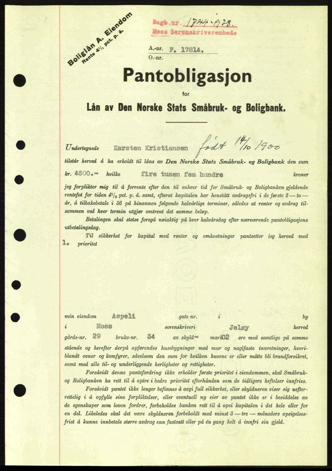 Moss sorenskriveri, SAO/A-10168: Pantebok nr. B6, 1938-1938, Dagboknr: 1744/1938