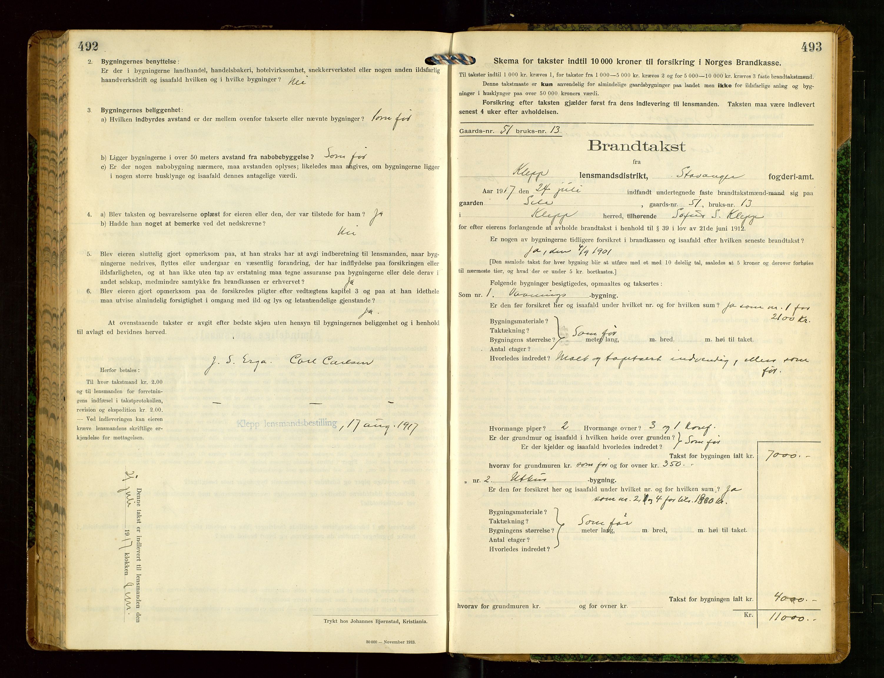 Klepp lensmannskontor, SAST/A-100163/Goc/L0008: "Brandtakstprotokol" m/register, 1914-1917, s. 492-493