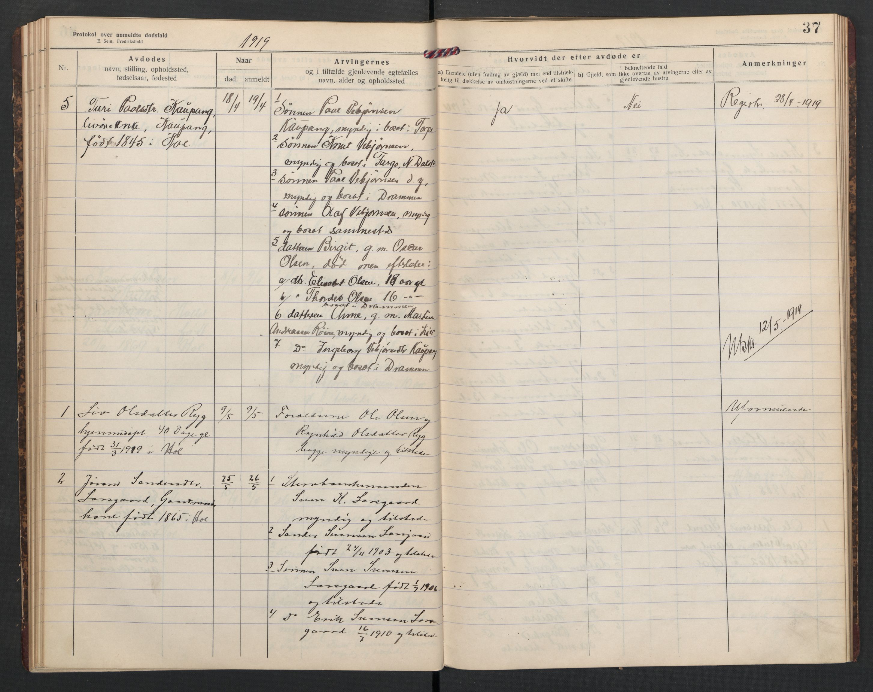 Hol lensmannskontor, AV/SAKO-A-512/H/Ha/L0005: Dødsanmeldelsesprotokoll, 1917-1924, s. 37