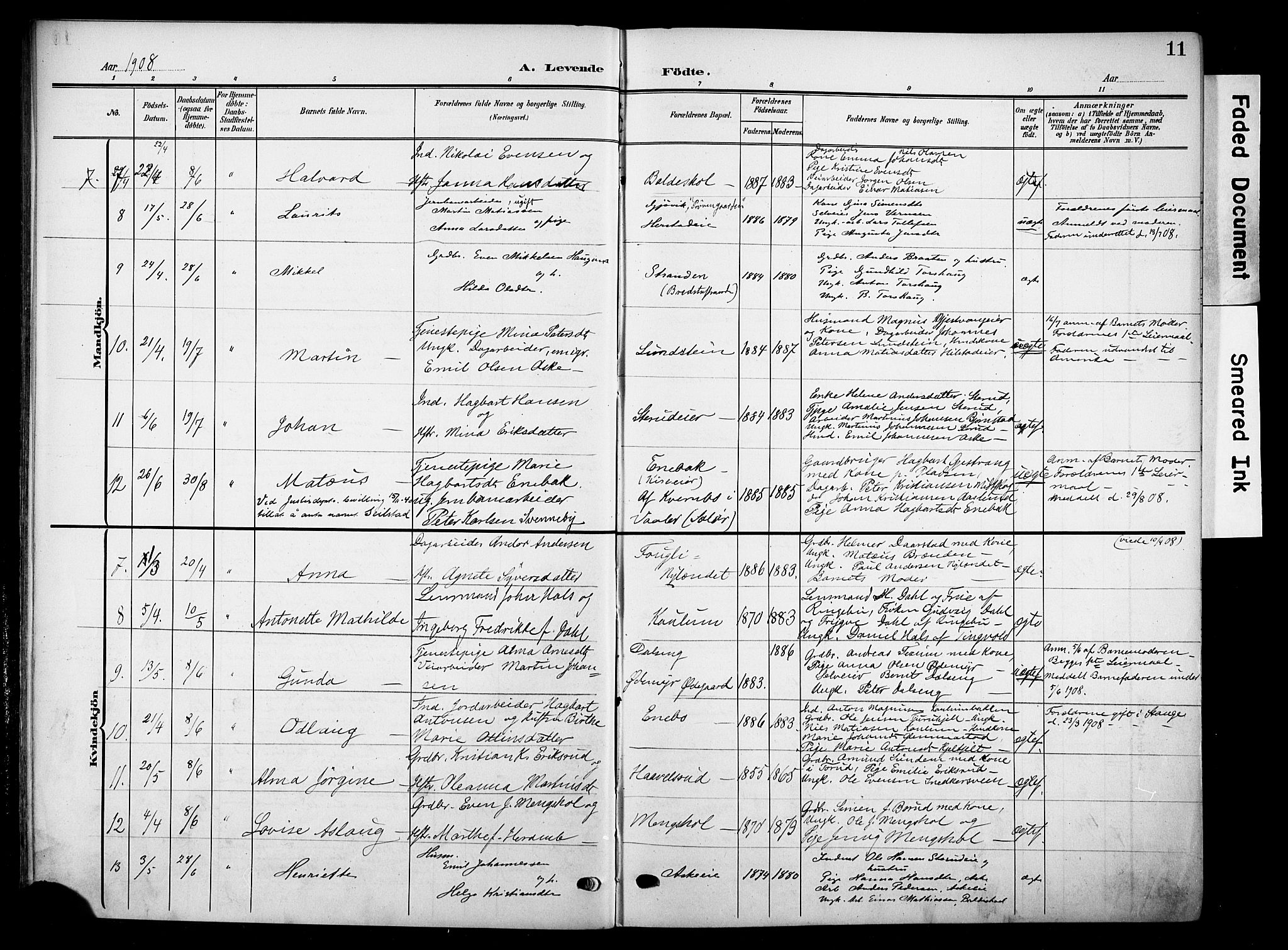 Nes prestekontor, Hedmark, AV/SAH-PREST-020/K/Ka/L0013: Ministerialbok nr. 13, 1906-1924, s. 11