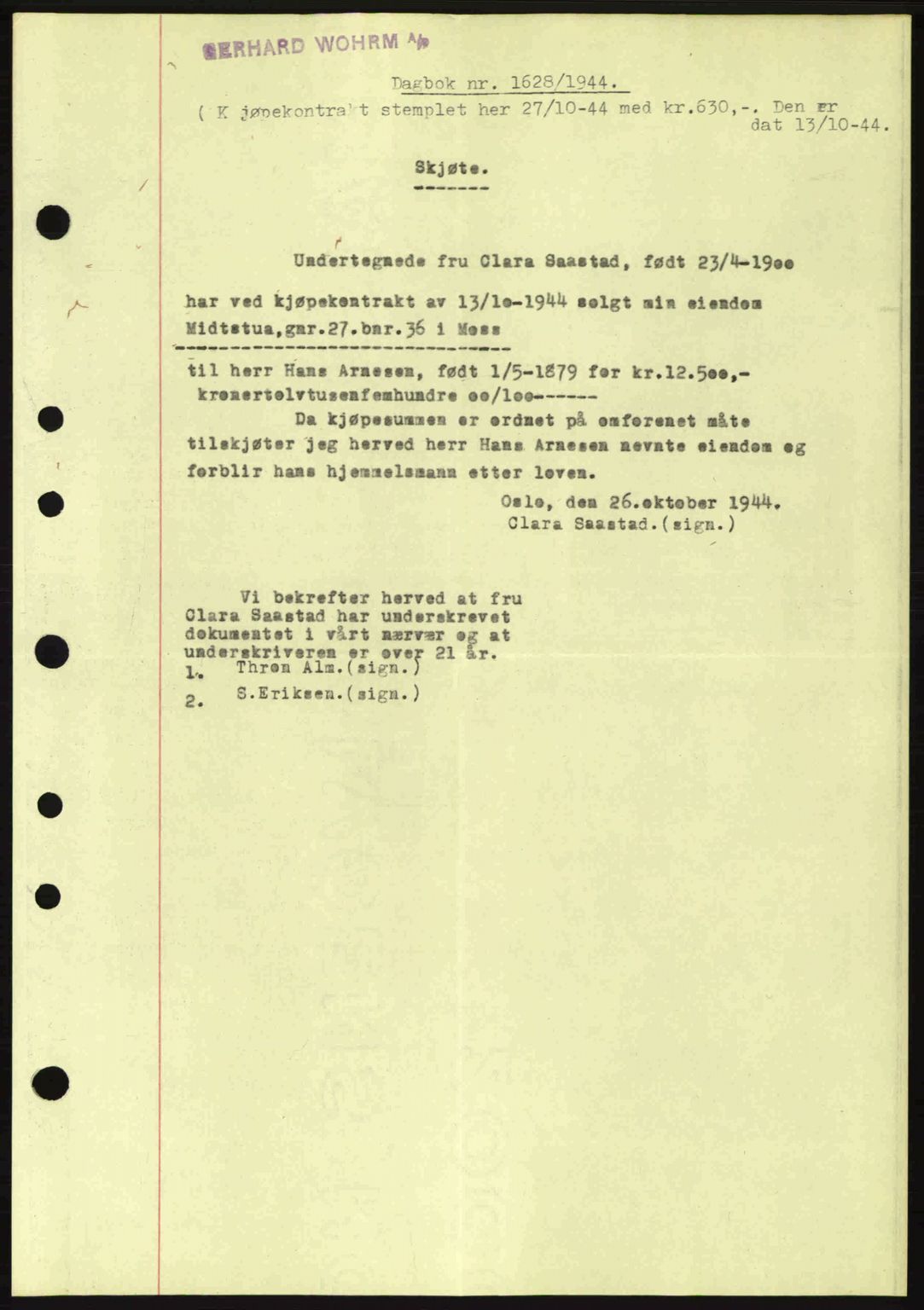 Moss sorenskriveri, SAO/A-10168: Pantebok nr. A13, 1944-1945, Dagboknr: 1628/1944