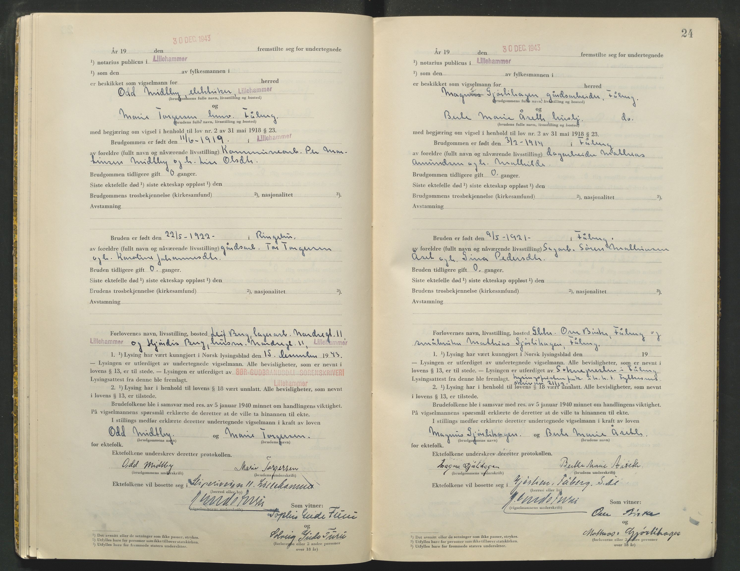 Sør-Gudbrandsdal tingrett, AV/SAH-TING-004/L/Lc/L0004: Vigselsprotokoll, 1943-1944, s. 24