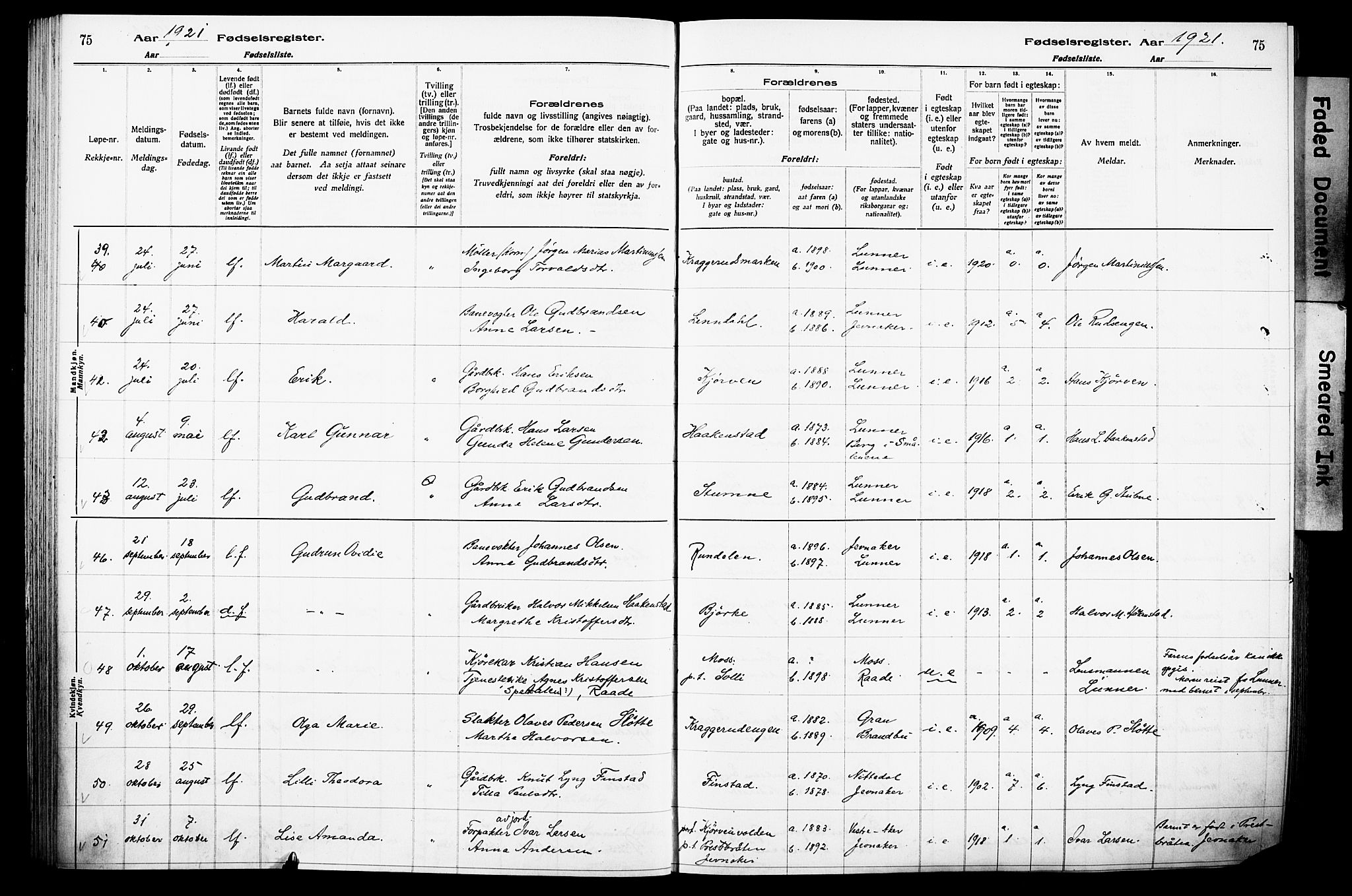 Lunner prestekontor, AV/SAH-PREST-118/I/Id/L0001: Fødselsregister nr. 1, 1916-1932, s. 75