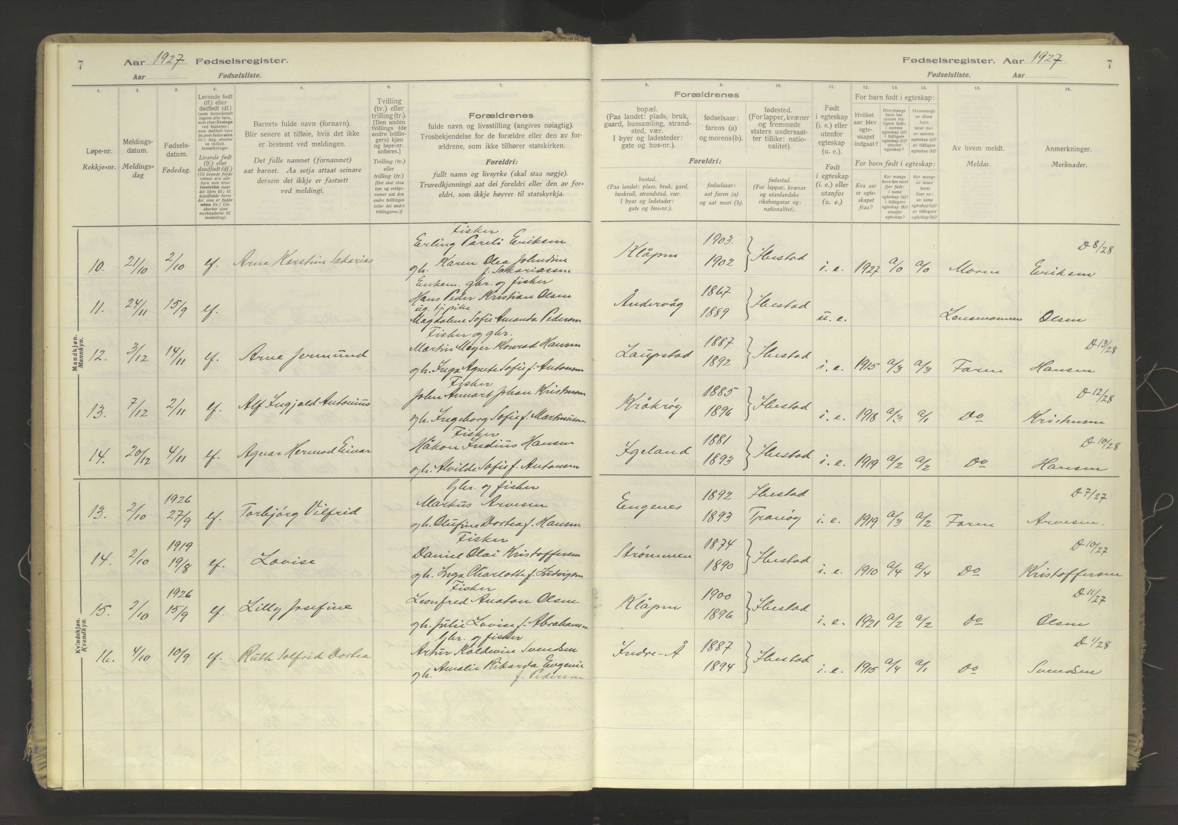 Ibestad sokneprestembete, AV/SATØ-S-0077/I/Ic/L0063: Fødselsregister nr. 63, 1926-1982, s. 7