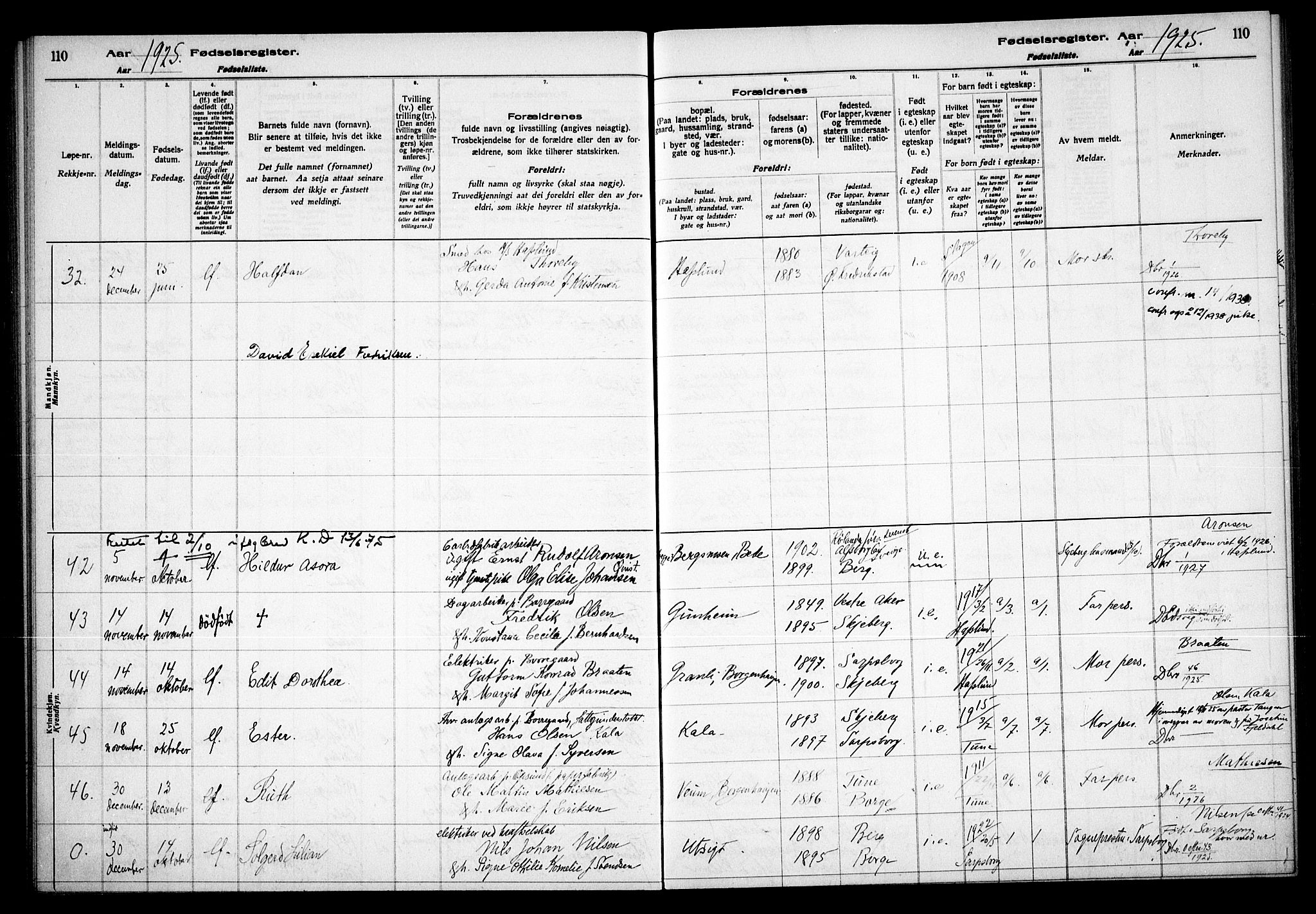 Skjeberg prestekontor Kirkebøker, AV/SAO-A-10923/J/Jd/L0001: Fødselsregister nr. IV 1, 1916-1935, s. 110