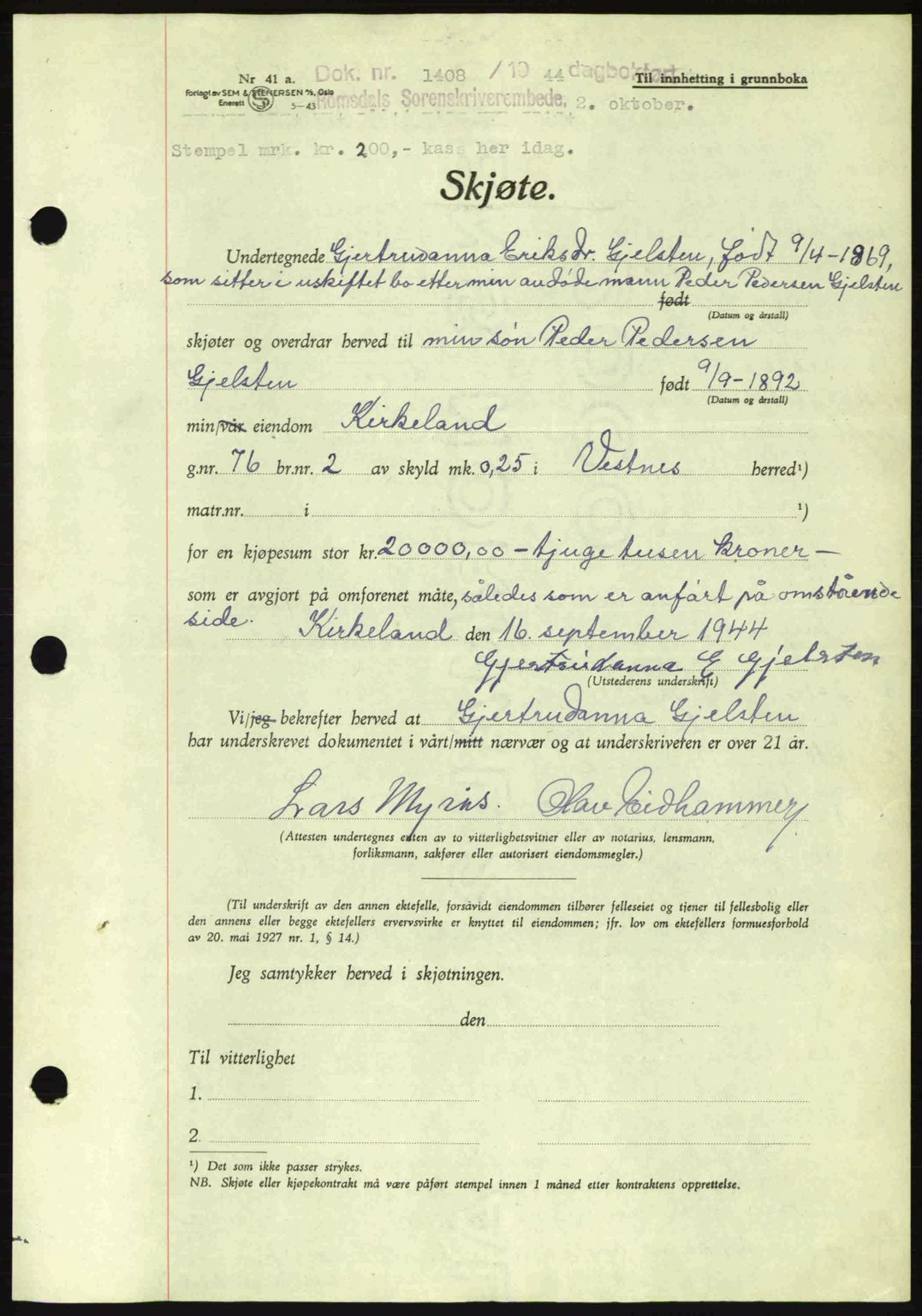 Romsdal sorenskriveri, SAT/A-4149/1/2/2C: Pantebok nr. A16, 1944-1944, Dagboknr: 1408/1944