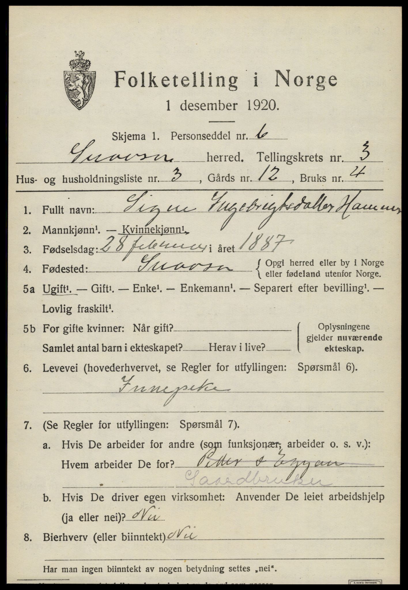 SAT, Folketelling 1920 for 1736 Snåsa herred, 1920, s. 1564