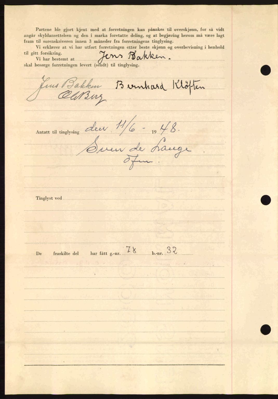 Fosen sorenskriveri, AV/SAT-A-1107/1/2/2C: Pantebok nr. A8, 1948-1948, Dagboknr: 852/1948