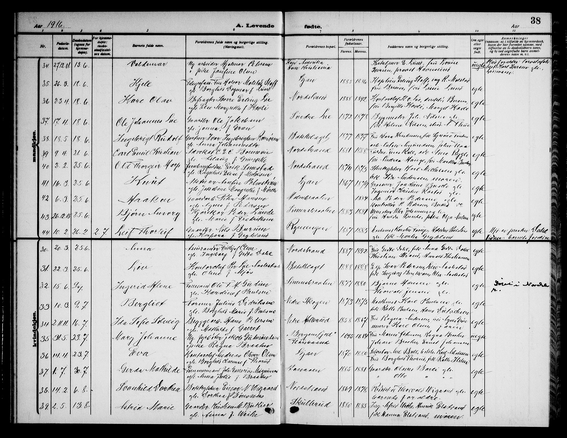 Nordstrand prestekontor Kirkebøker, AV/SAO-A-10362a/G/Ga/L0001: Klokkerbok nr. I 1, 1911-1918, s. 38