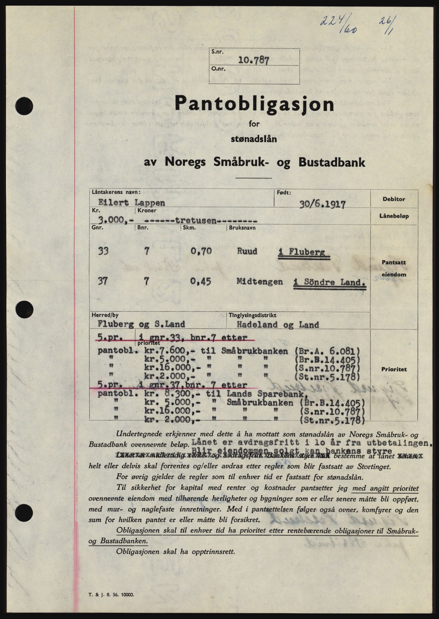 Hadeland og Land tingrett, SAH/TING-010/H/Hb/Hbc/L0042: Pantebok nr. B42, 1959-1960, Dagboknr: 224/1960
