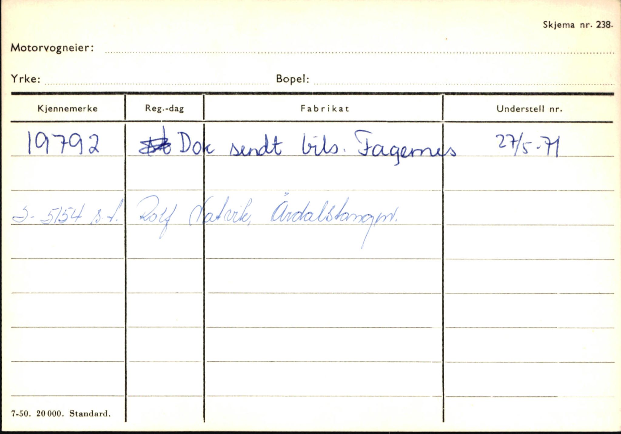 Statens vegvesen, Sogn og Fjordane vegkontor, SAB/A-5301/4/F/L0146: Registerkort Årdal R-Å samt diverse kort, 1945-1975, s. 1623