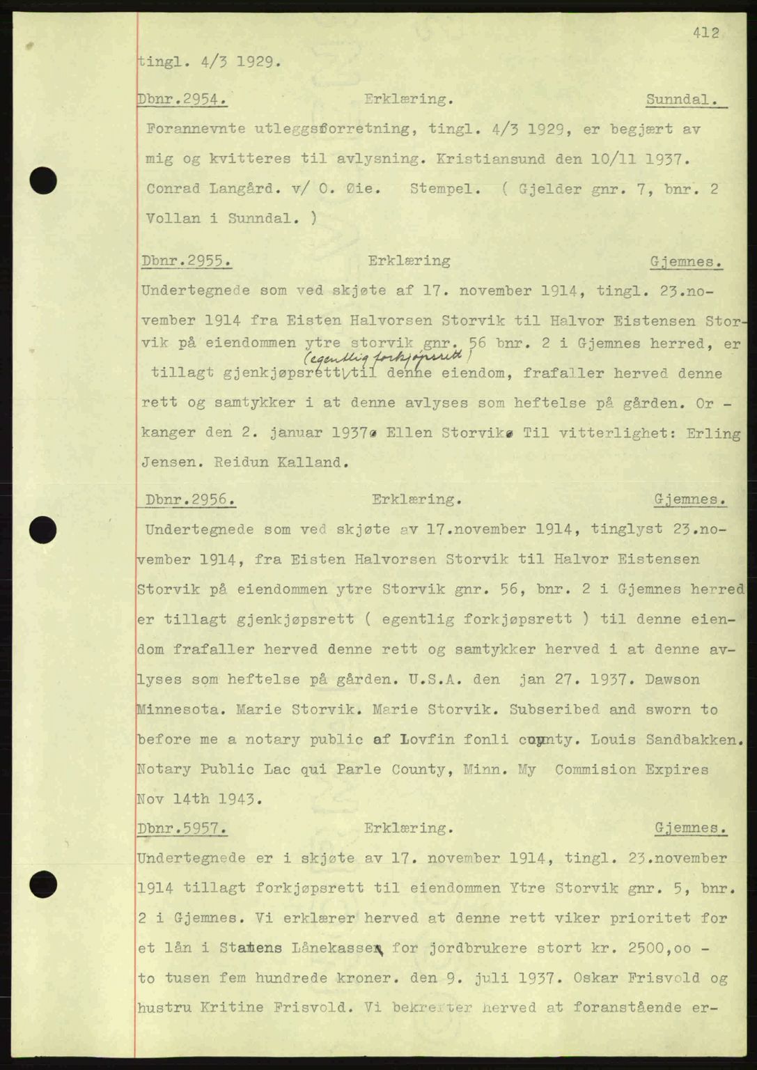 Nordmøre sorenskriveri, SAT/A-4132/1/2/2Ca: Pantebok nr. C80, 1936-1939, Dagboknr: 2954/1937