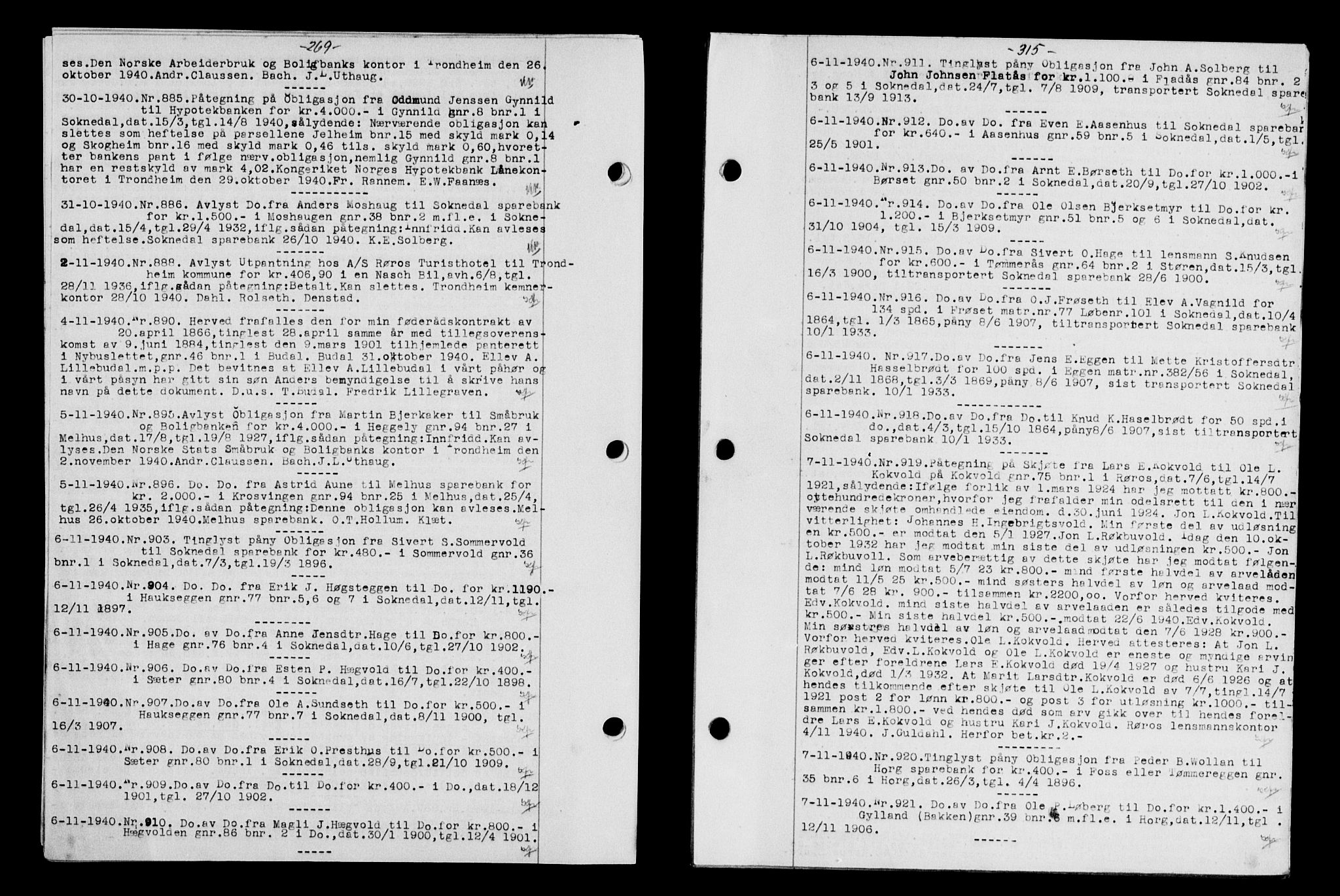 Gauldal sorenskriveri, SAT/A-0014/1/2/2C/L0052: Pantebok nr. 57, 1940-1941, Dagboknr: 885/1940