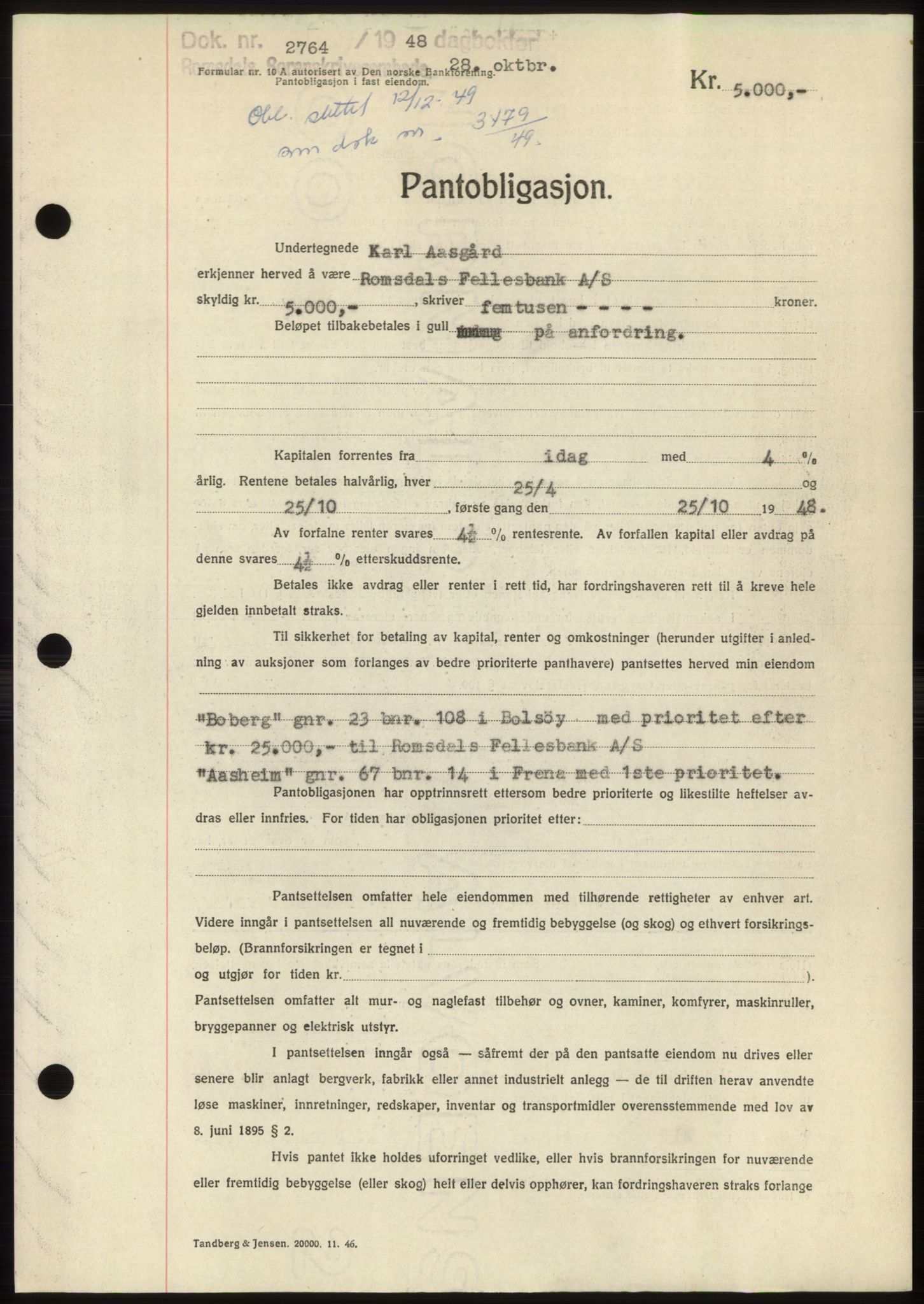 Romsdal sorenskriveri, AV/SAT-A-4149/1/2/2C: Pantebok nr. B4, 1948-1949, Dagboknr: 2764/1948