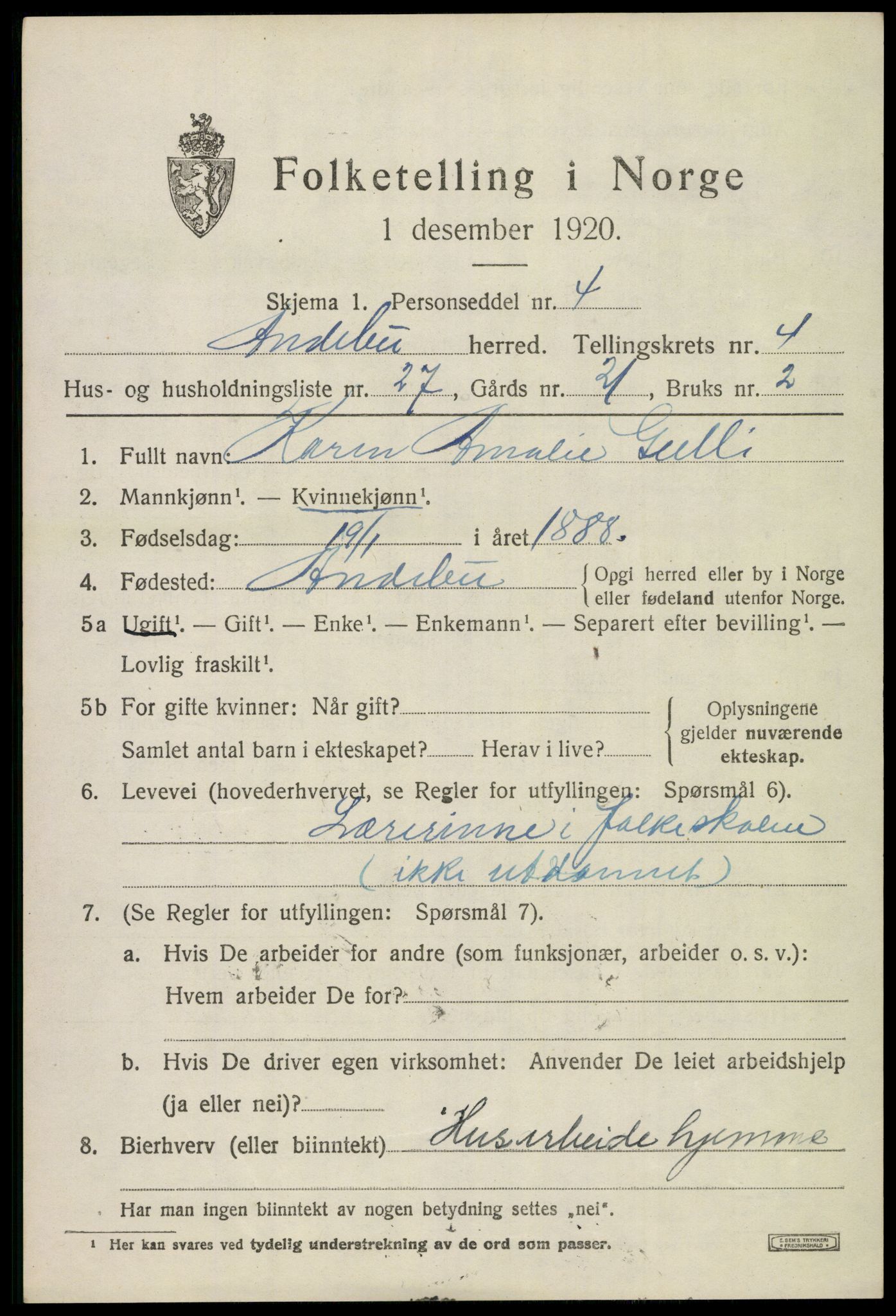 SAKO, Folketelling 1920 for 0719 Andebu herred, 1920, s. 2622