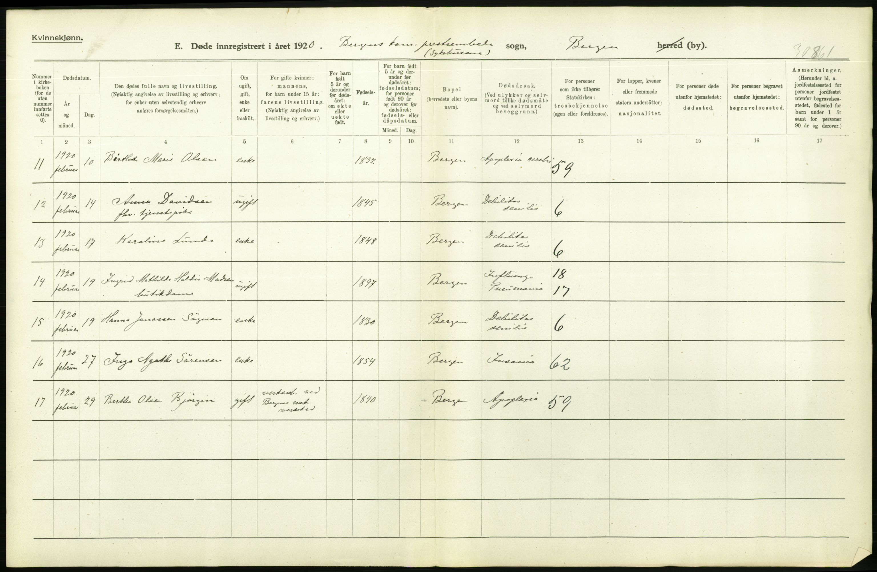 Statistisk sentralbyrå, Sosiodemografiske emner, Befolkning, AV/RA-S-2228/D/Df/Dfb/Dfbj/L0042: Bergen: Gifte, døde, dødfødte., 1920, s. 376