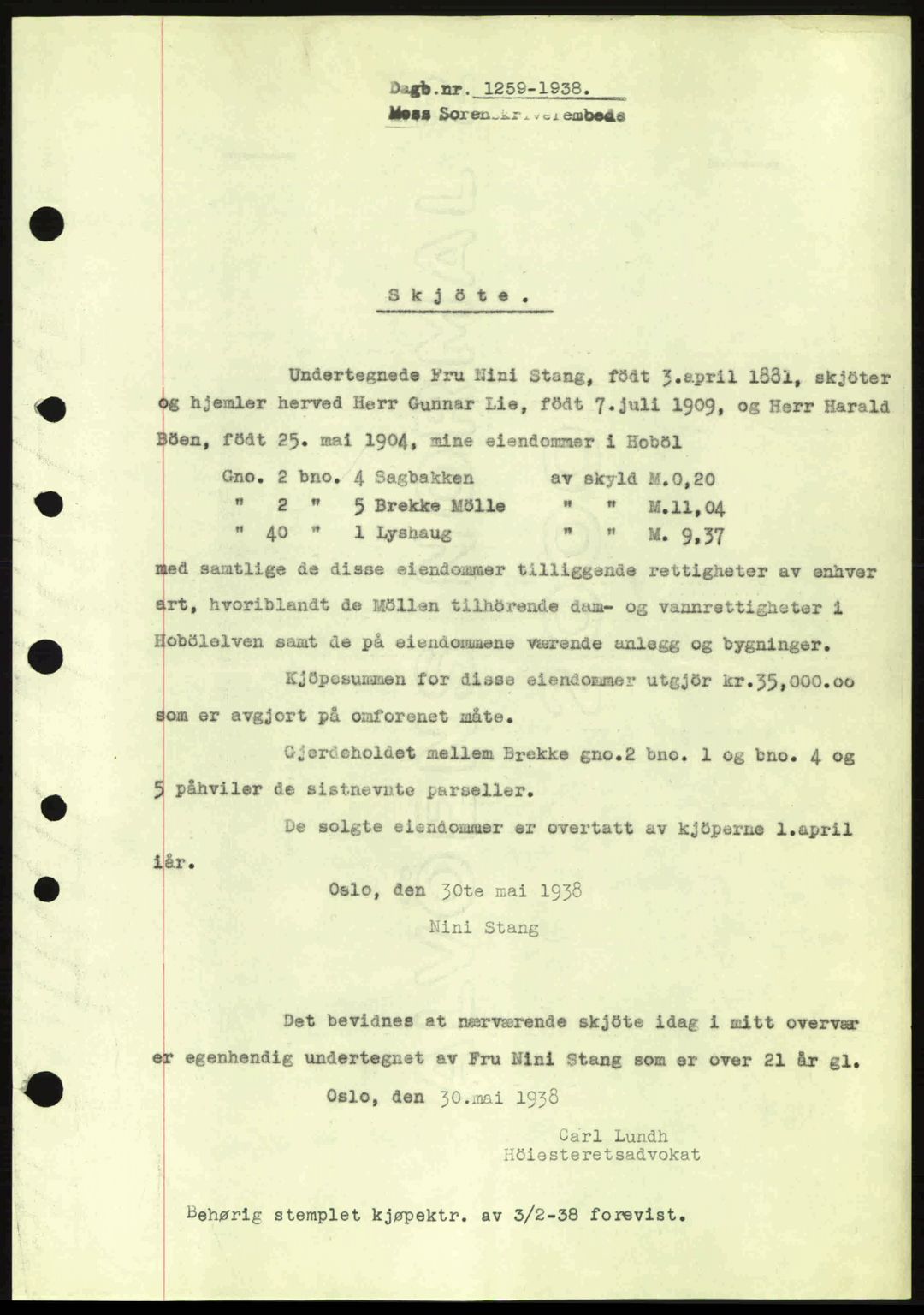 Moss sorenskriveri, SAO/A-10168: Pantebok nr. A4, 1938-1938, Dagboknr: 1259/1938